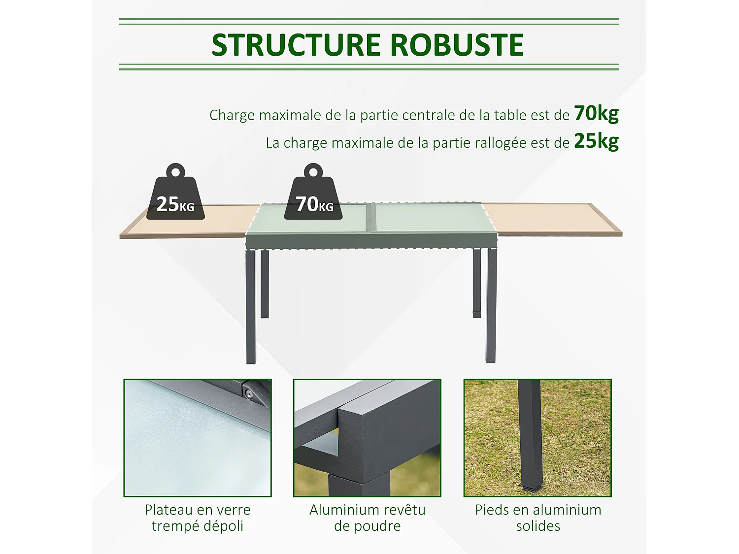 Table extensible de jardin grande taille dim. dépliées 270L x 90l x 73H cm piètement châssis alu. plateau verre trempé dépoli