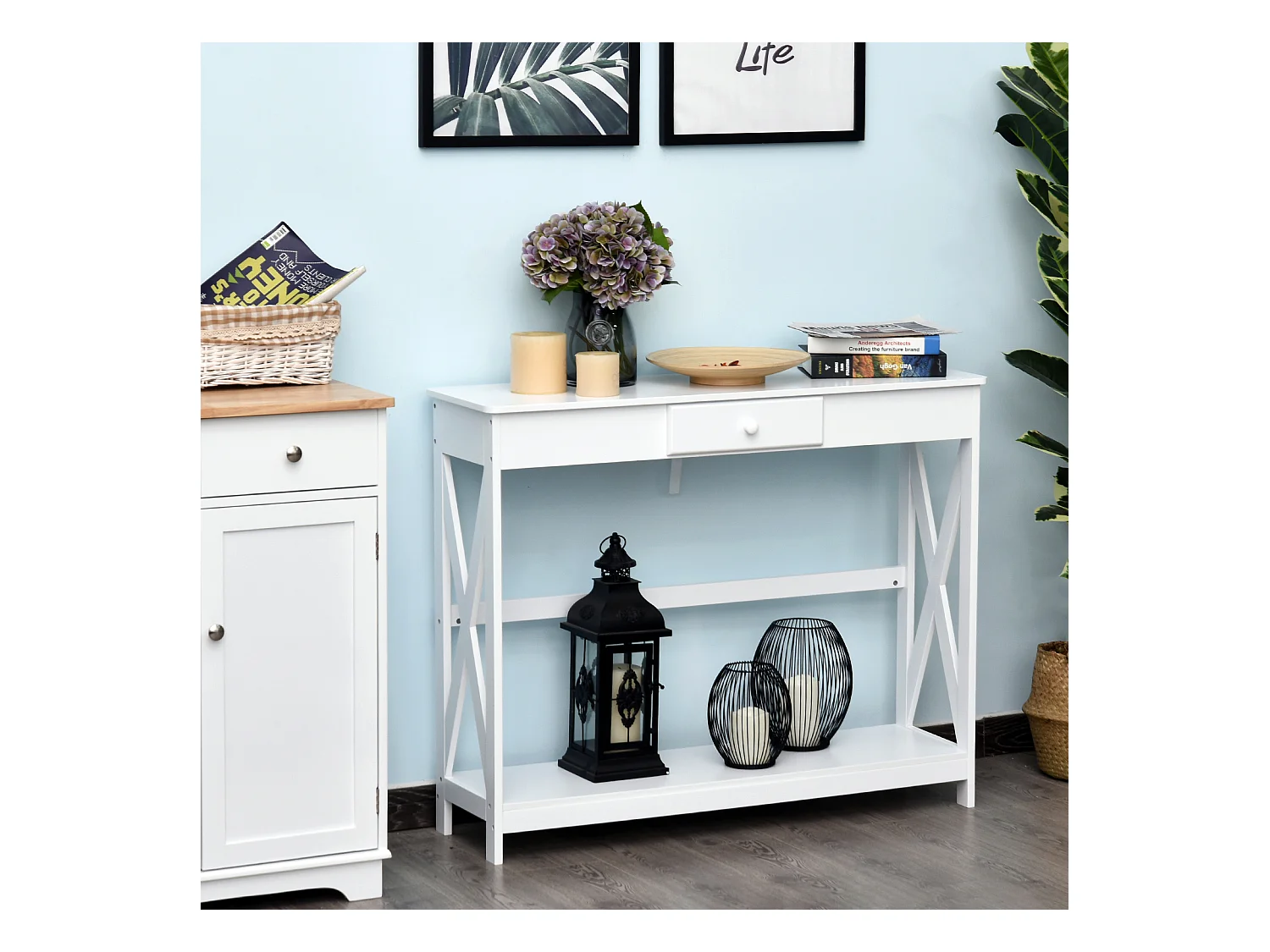 Console style table de drapier néo-rétro tiroir + étagère dim. 100L x 30l x 81H cm MDF blanc