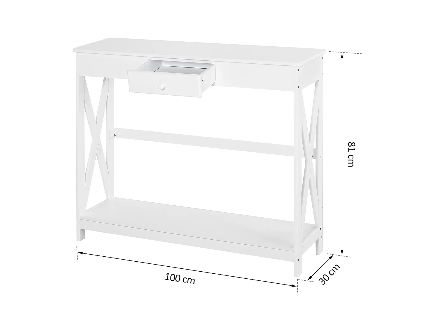 Console style table de drapier néo-rétro tiroir + étagère dim. 100L x 30l x 81H cm MDF blanc