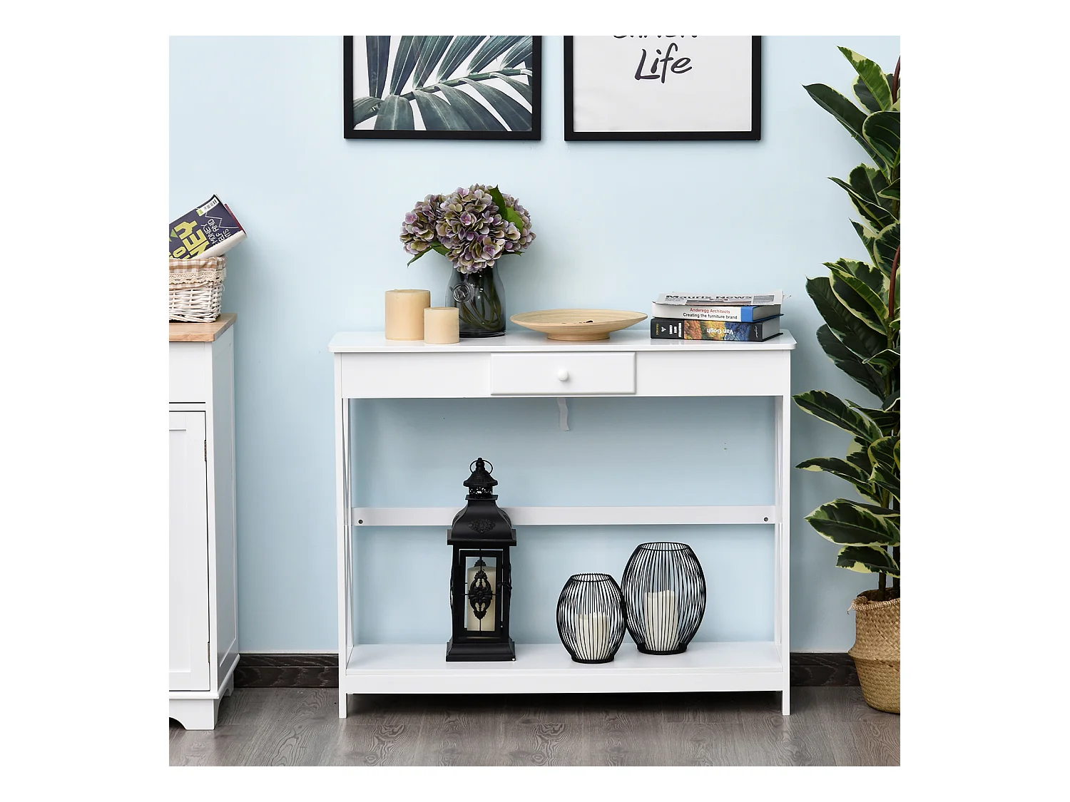 Console style table de drapier néo-rétro tiroir + étagère dim. 100L x 30l x 81H cm MDF blanc