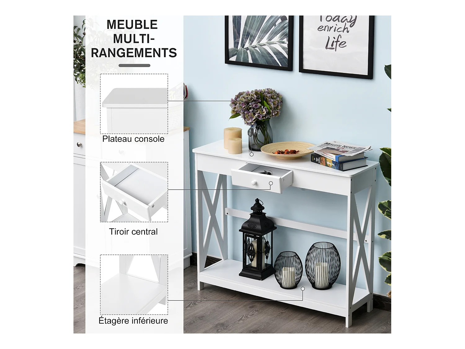 Console style table de drapier néo-rétro tiroir + étagère dim. 100L x 30l x 81H cm MDF blanc