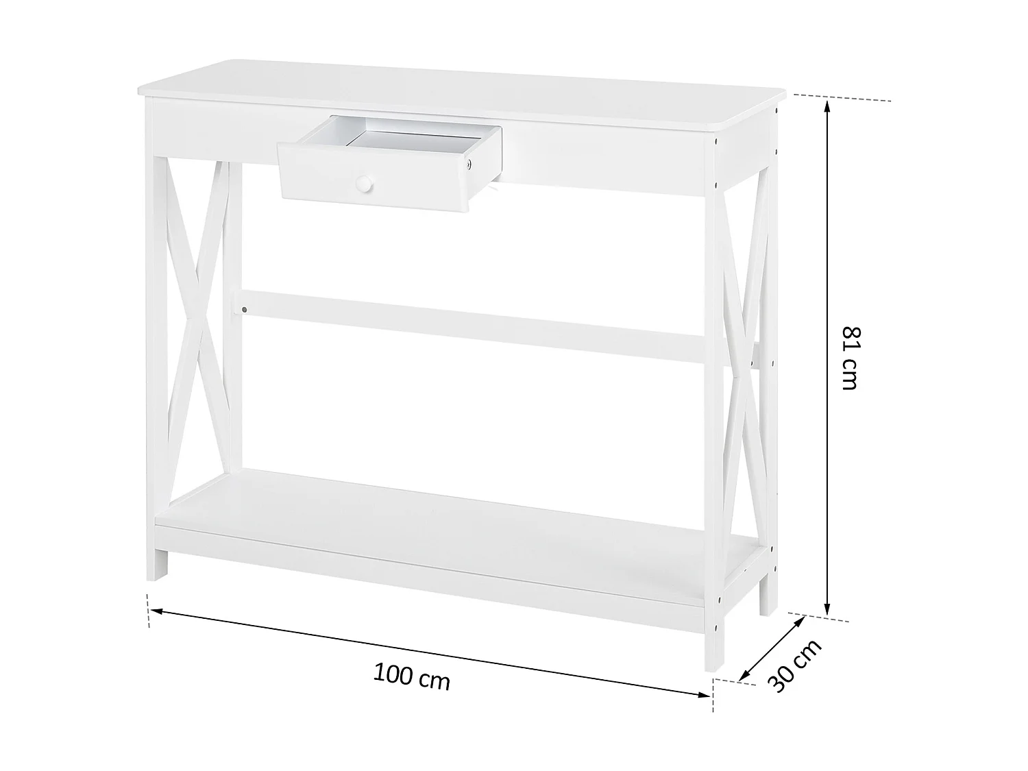 Console style table de drapier néo-rétro tiroir + étagère dim. 100L x 30l x 81H cm MDF blanc