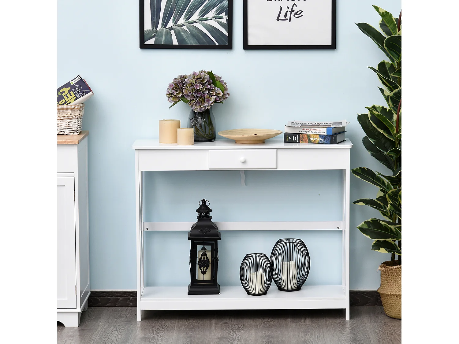 Console style table de drapier néo-rétro tiroir + étagère dim. 100L x 30l x 81H cm MDF blanc