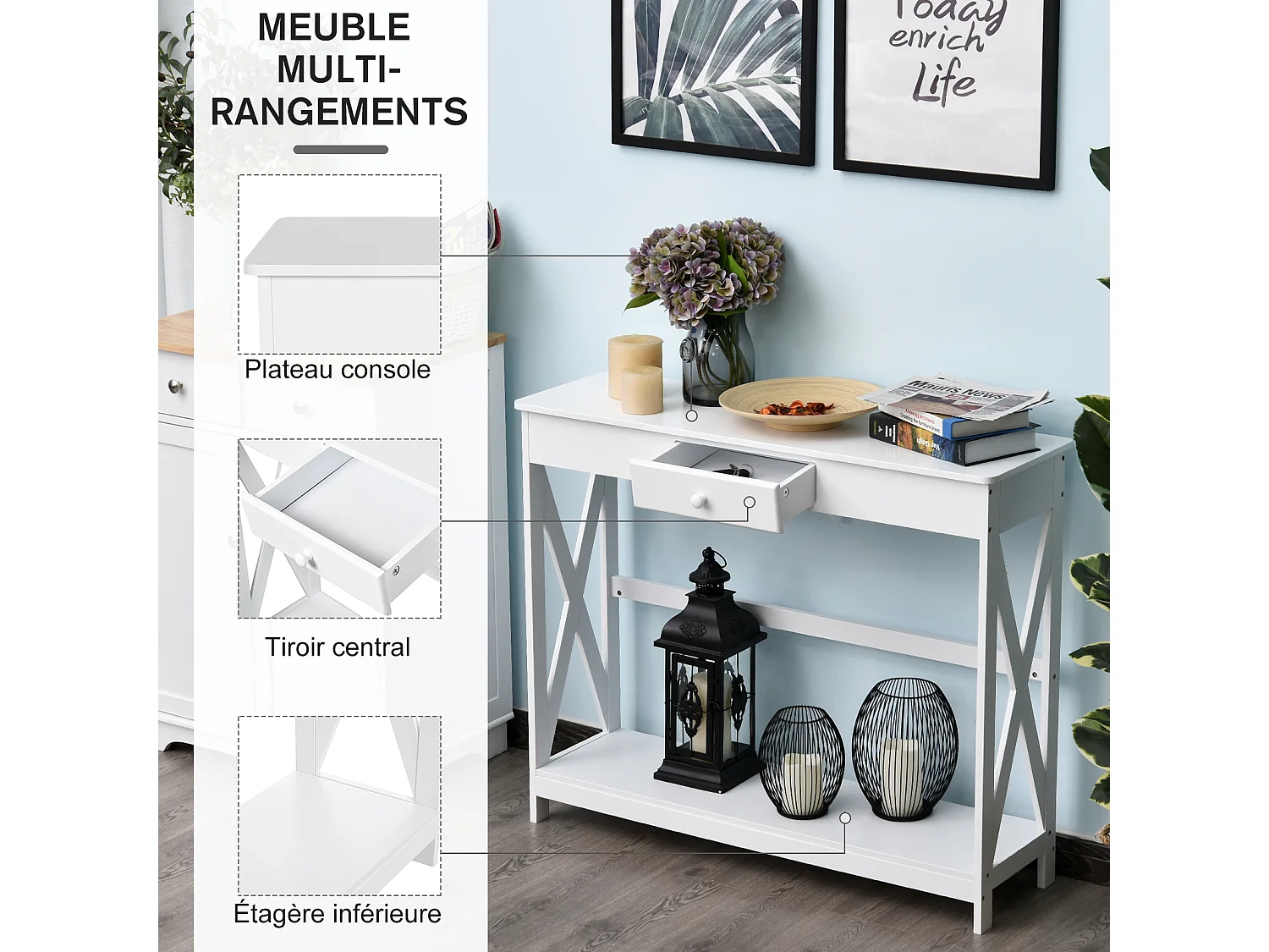 Console style table de drapier néo-rétro tiroir + étagère dim. 100L x 30l x 81H cm MDF blanc