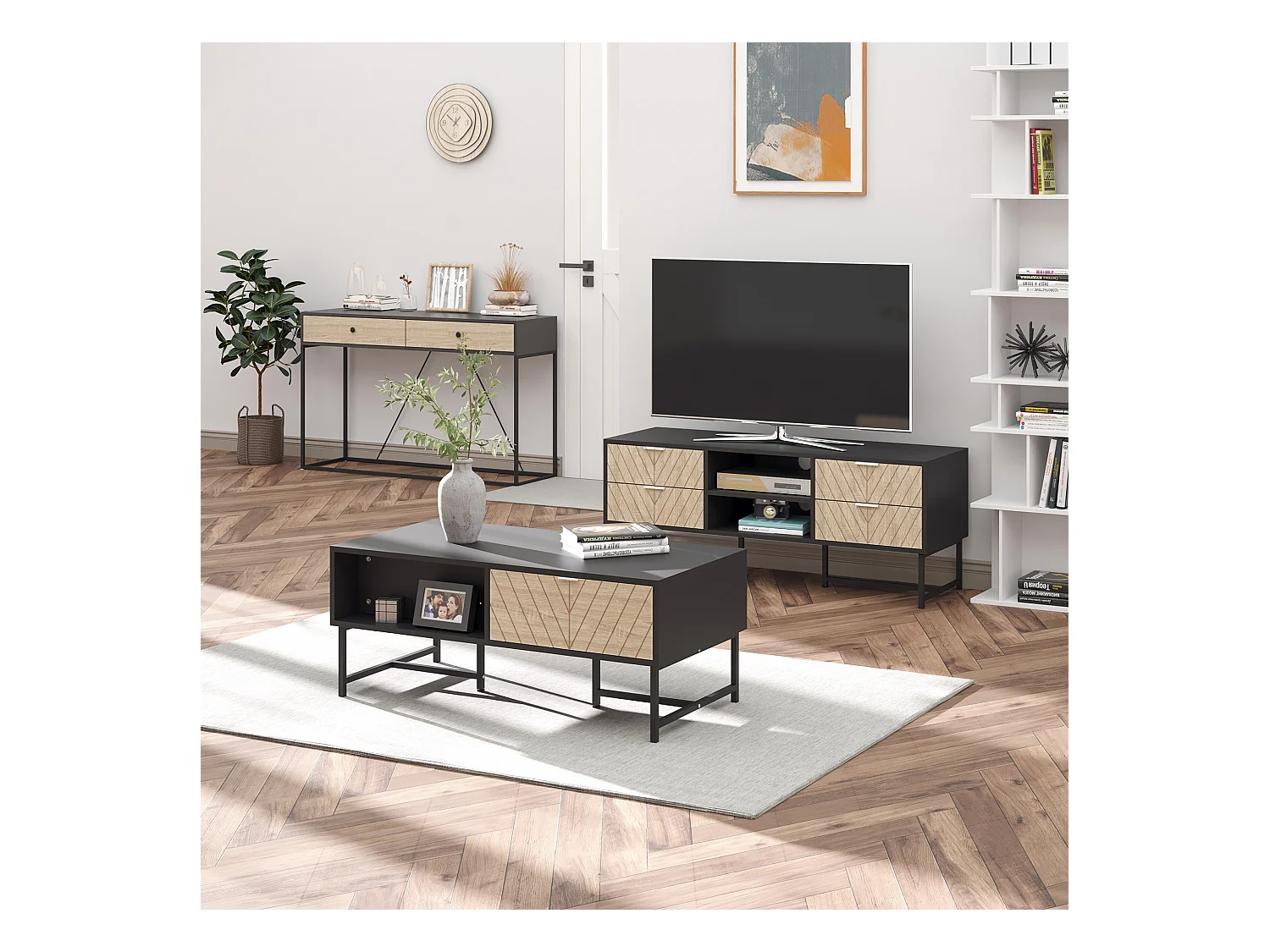 Table console moderne 2 tiroirs métal et panneau de particules dim. 120 x 35 x 75 cm