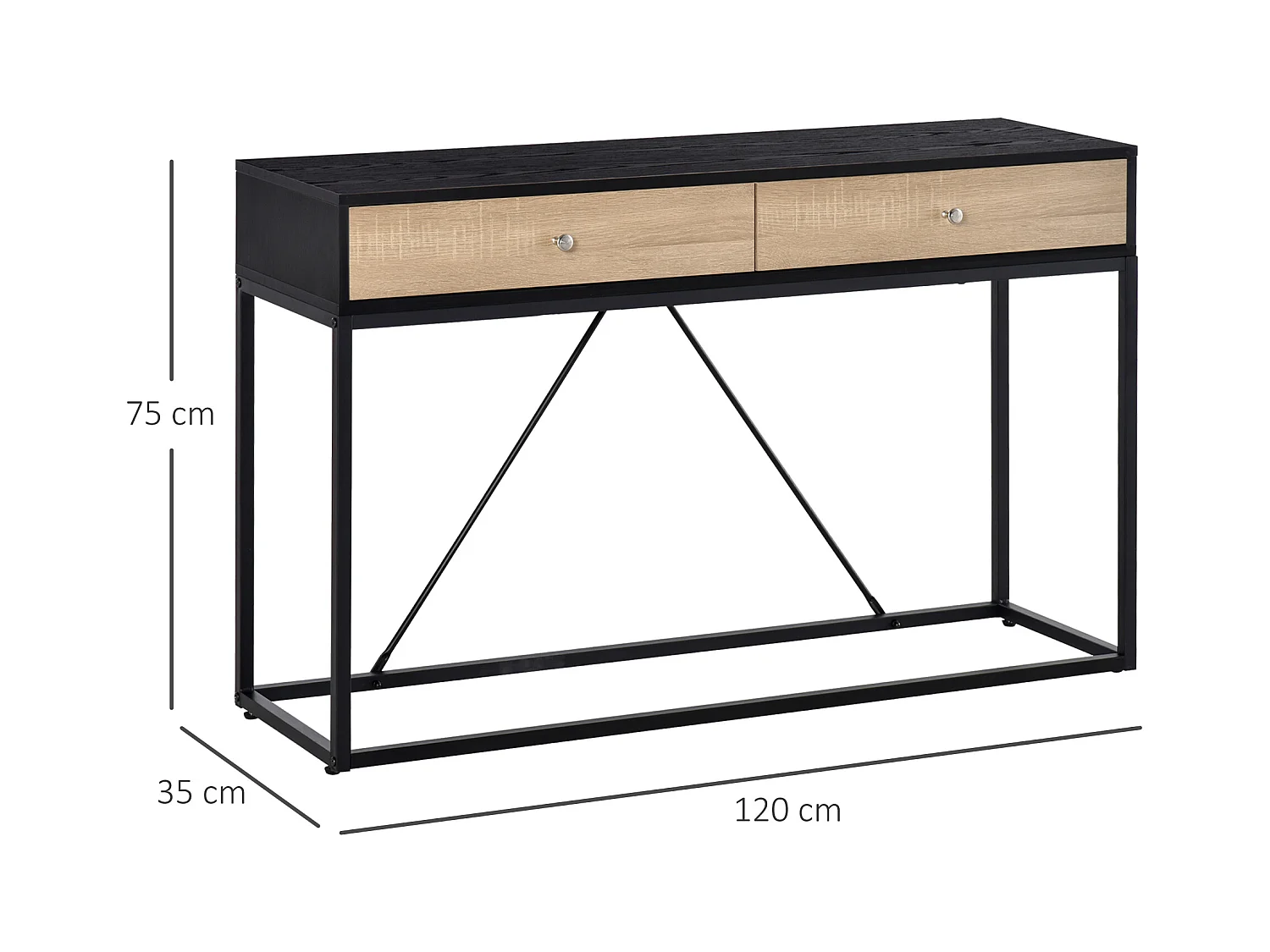 Table console moderne 2 tiroirs métal et panneau de particules dim. 120 x 35 x 75 cm