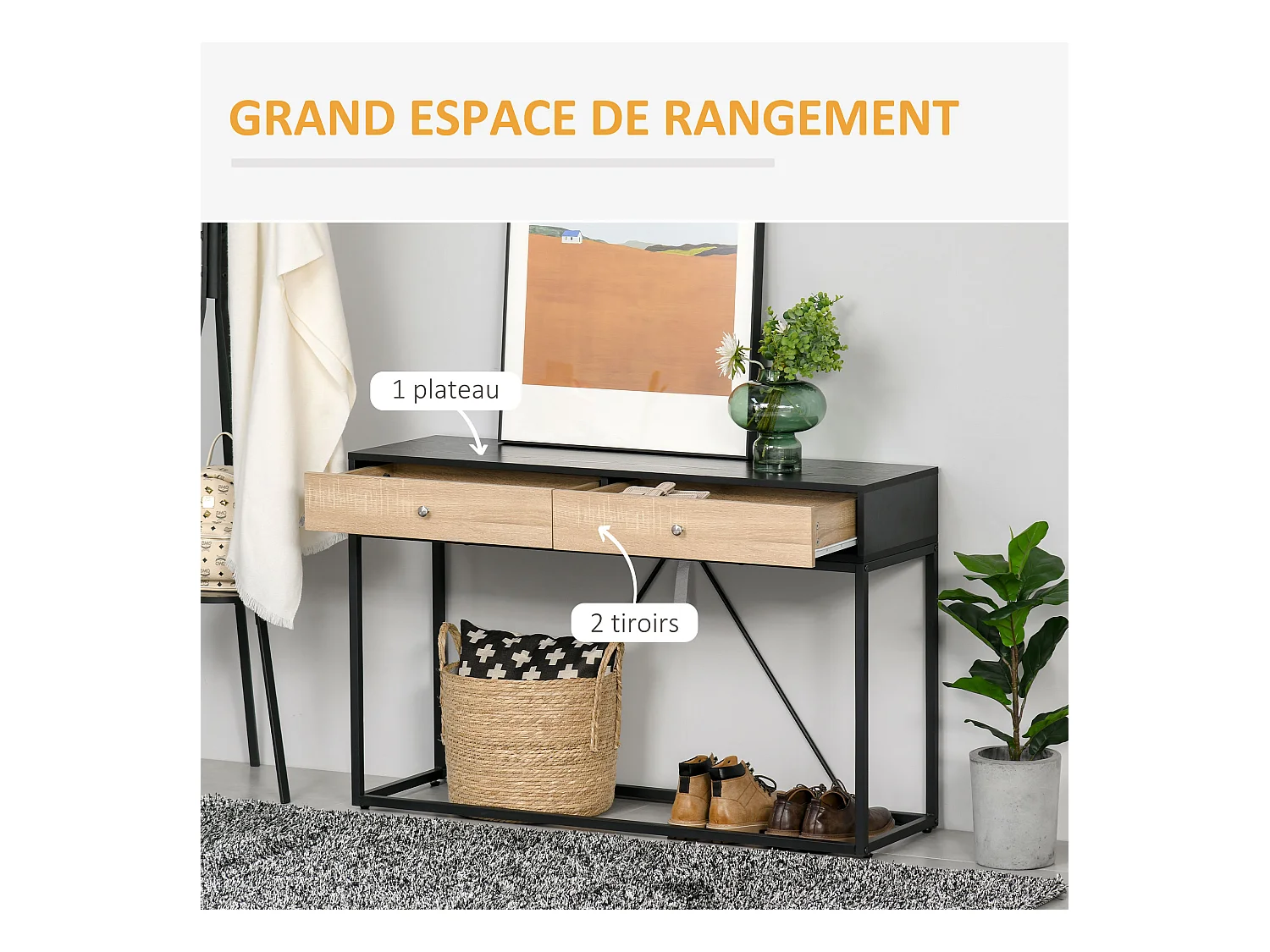 Table console moderne 2 tiroirs métal et panneau de particules dim. 120 x 35 x 75 cm