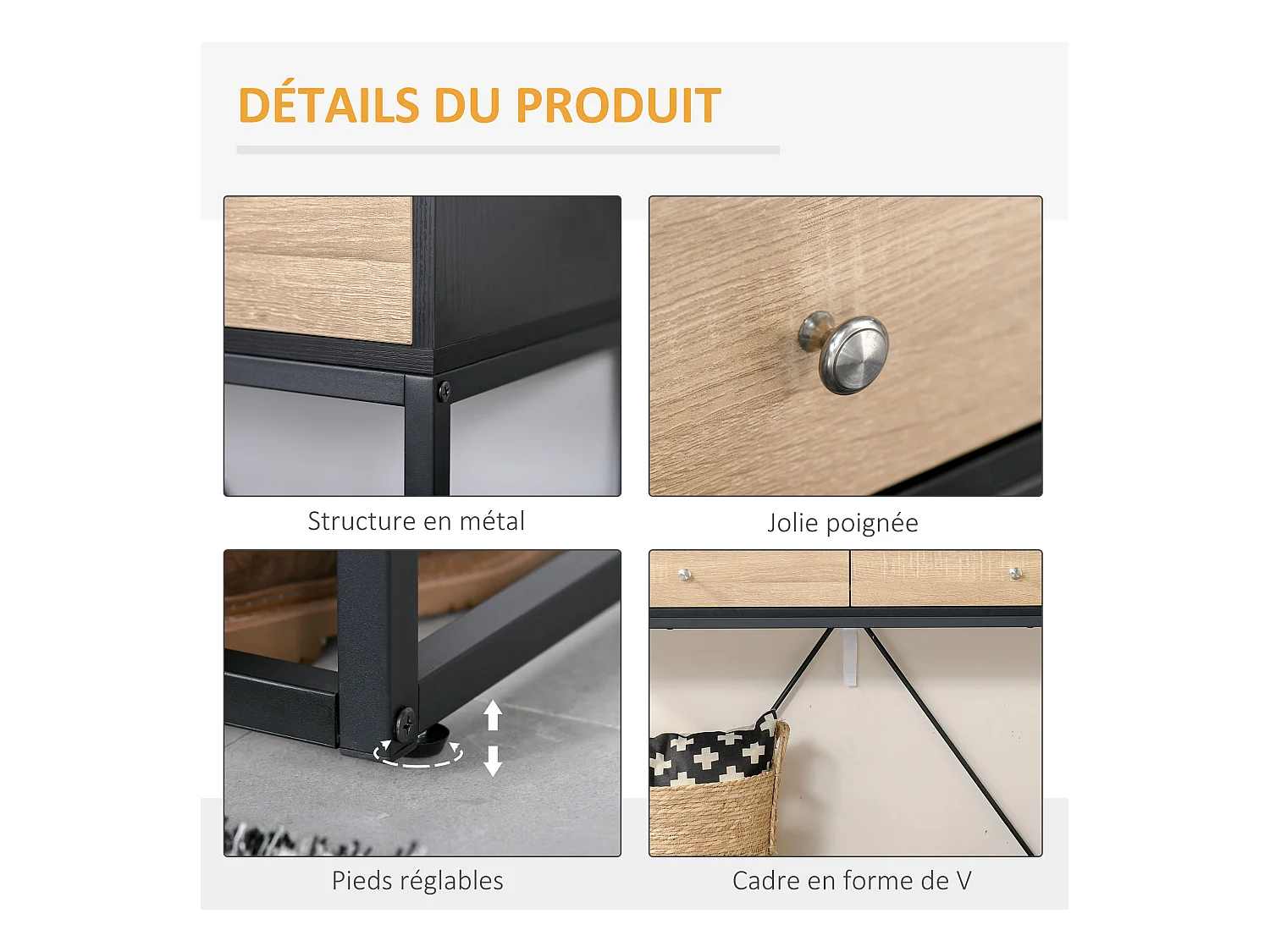 Table console moderne 2 tiroirs métal et panneau de particules dim. 120 x 35 x 75 cm