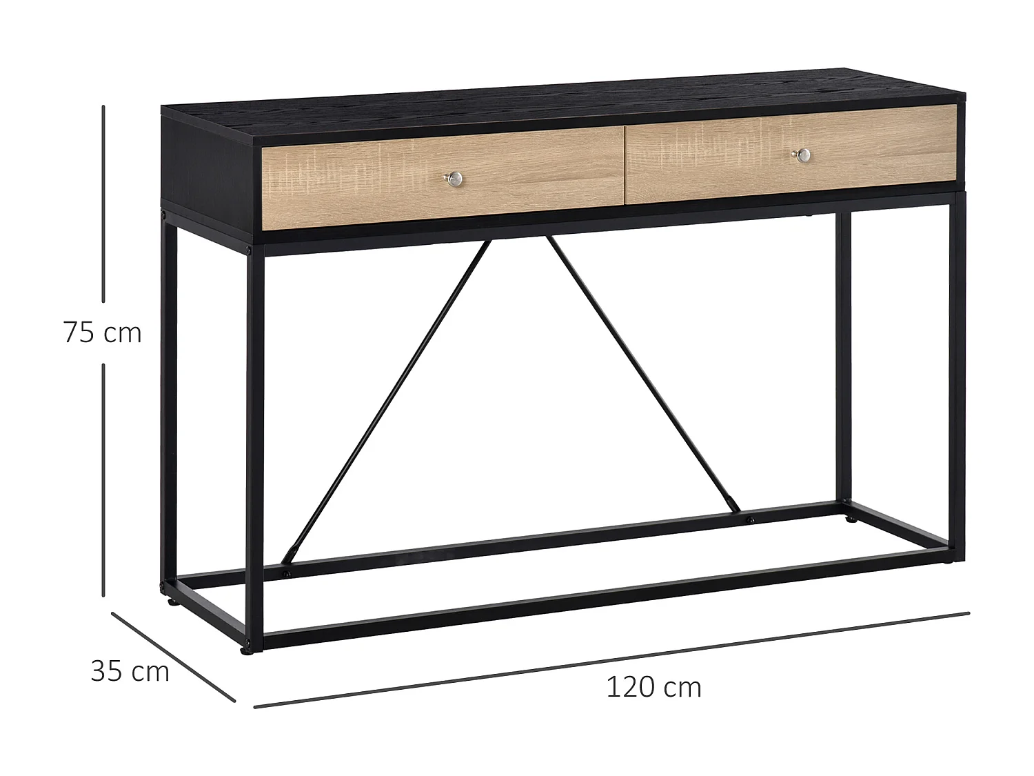 Table console moderne 2 tiroirs métal et panneau de particules dim. 120 x 35 x 75 cm