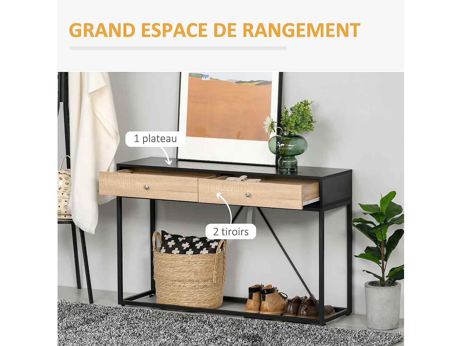 Table console moderne 2 tiroirs métal et panneau de particules dim. 120 x 35 x 75 cm