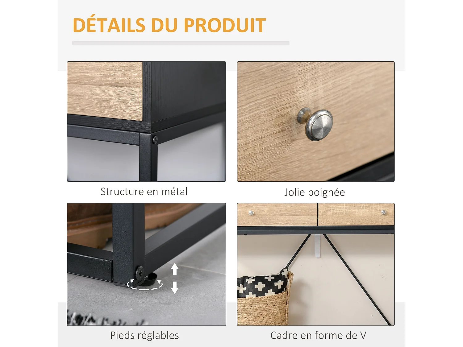 Table console moderne 2 tiroirs métal et panneau de particules dim. 120 x 35 x 75 cm