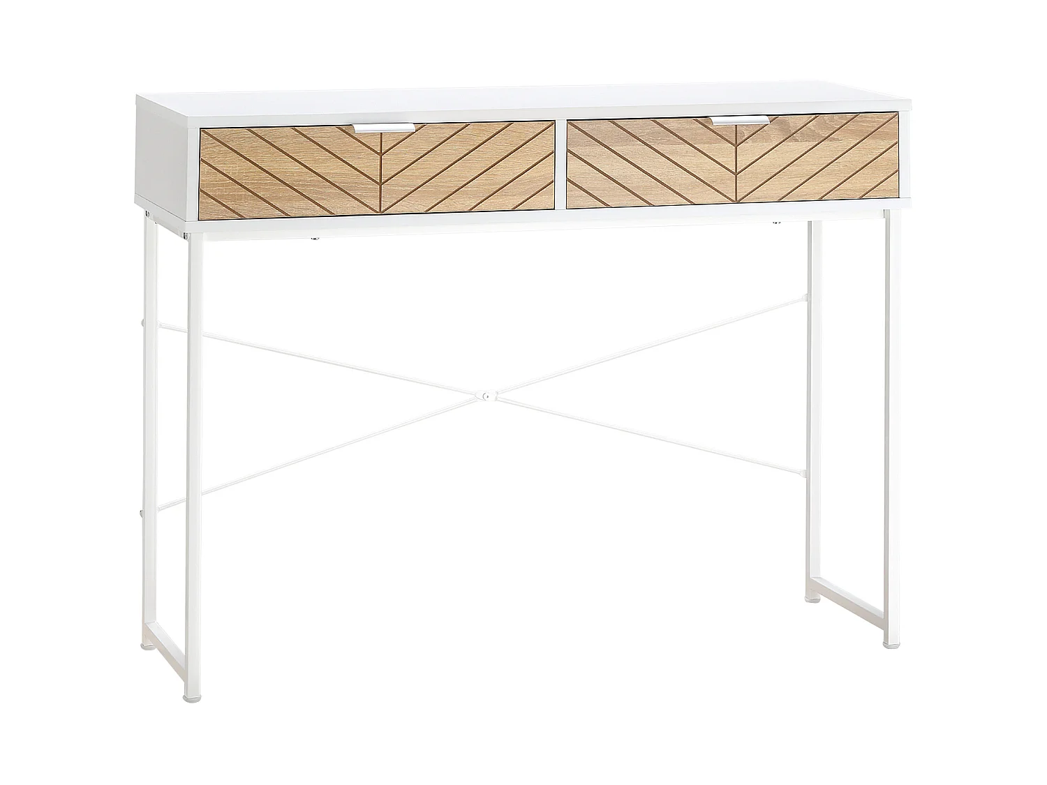 Table console industriel 2 tiroirs aspect bois de chêne sculpté motif à chevrons piètement métal blanc
