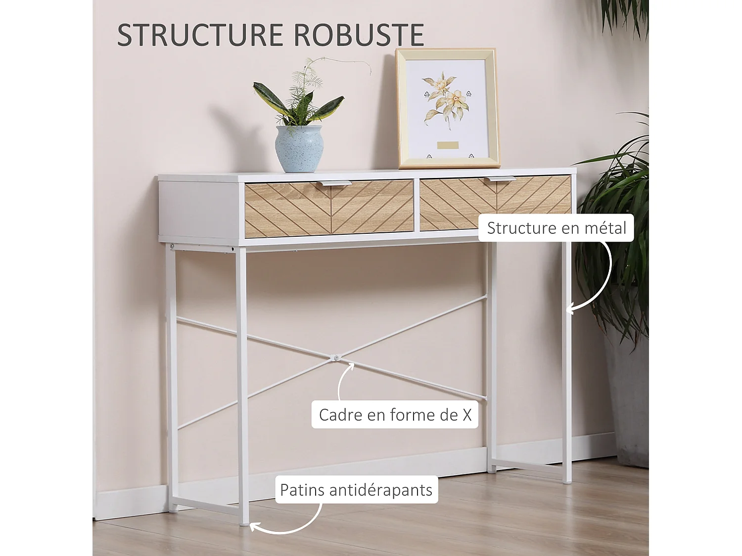 Table console industriel 2 tiroirs aspect bois de chêne sculpté motif à chevrons piètement métal blanc