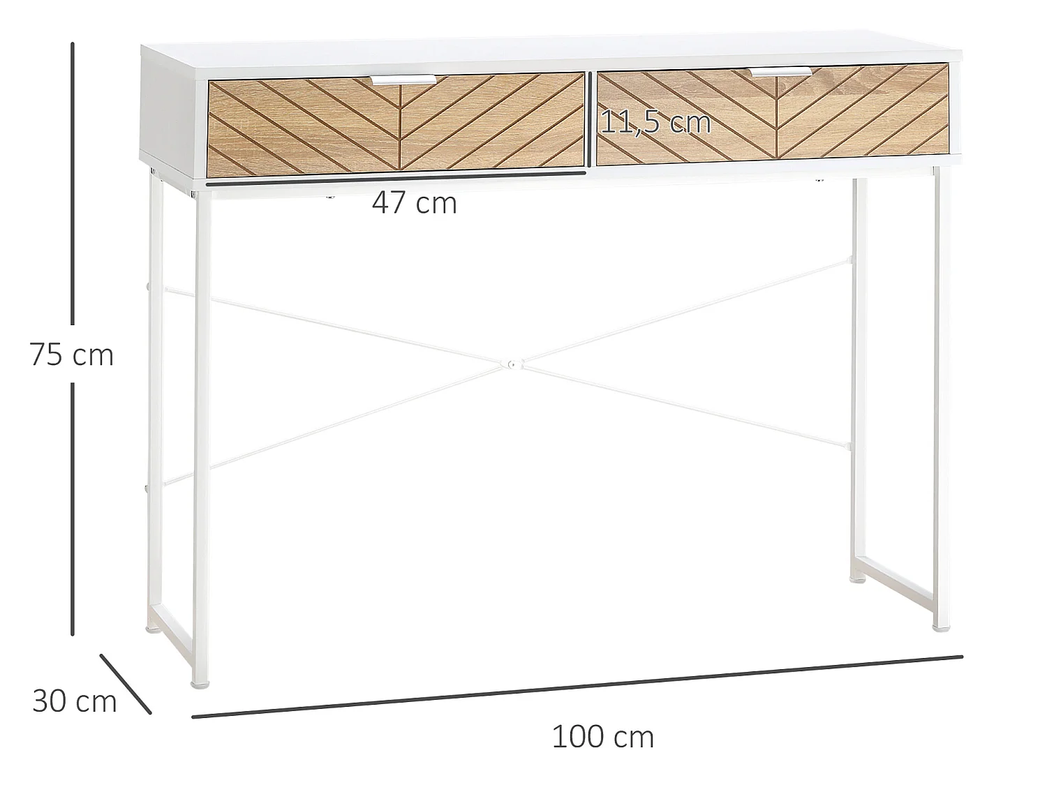 Table console industriel 2 tiroirs aspect bois de chêne sculpté motif à chevrons piètement métal blanc