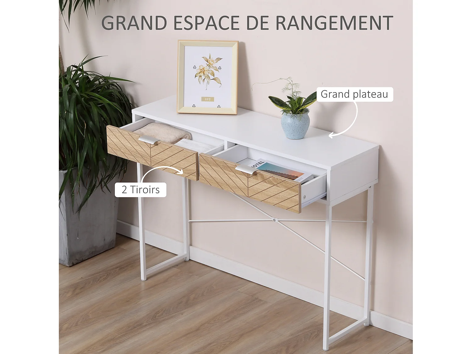 Table console industriel 2 tiroirs aspect bois de chêne sculpté motif à chevrons piètement métal blanc