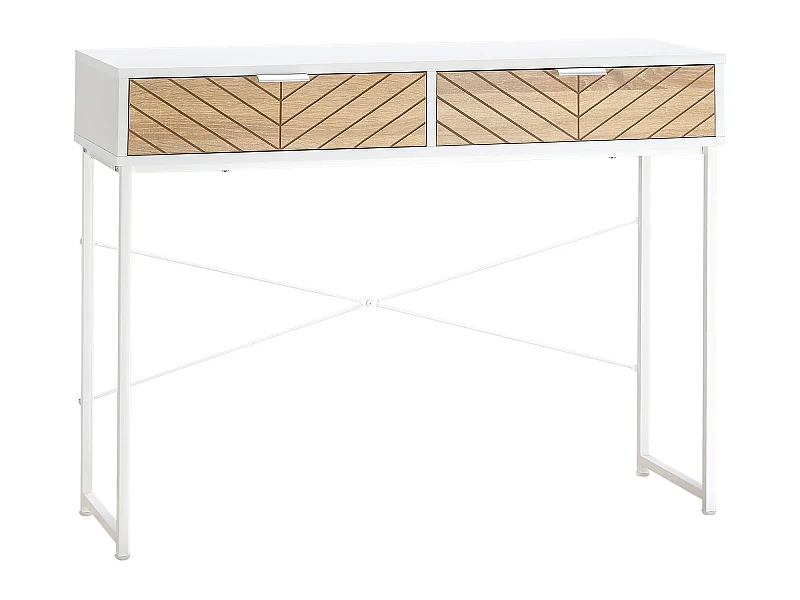 Table console industriel 2 tiroirs aspect bois de chêne sculpté motif à chevrons piètement métal blanc
