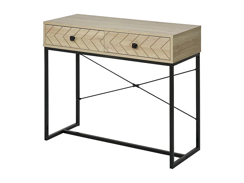 Table console industriel 2 tiroirs bois naturel pieds métal dim. 90 x 35 x 76 cm