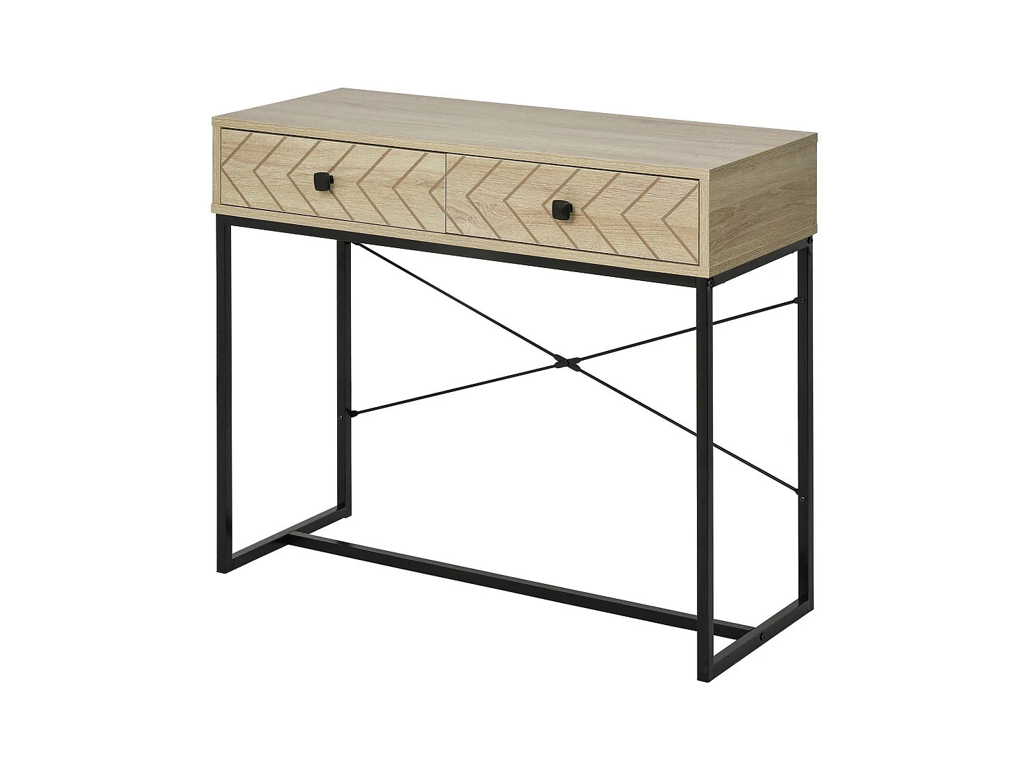 Table console industriel 2 tiroirs bois naturel pieds métal dim. 90 x 35 x 76 cm