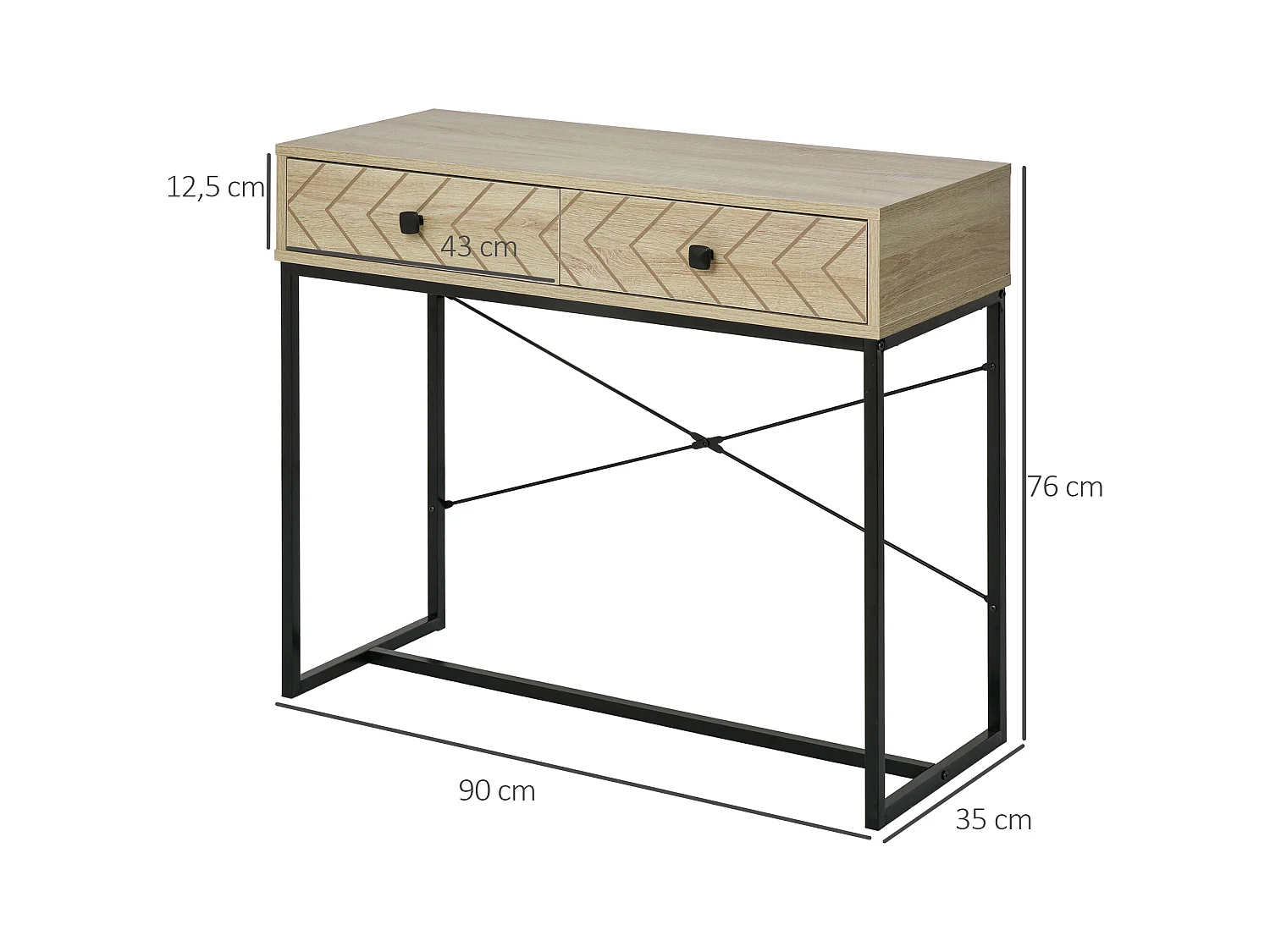 Table console industriel 2 tiroirs bois naturel pieds métal dim. 90 x 35 x 76 cm