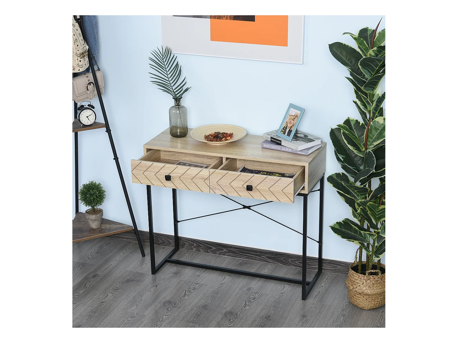 Table console industriel 2 tiroirs bois naturel pieds métal dim. 90 x 35 x 76 cm