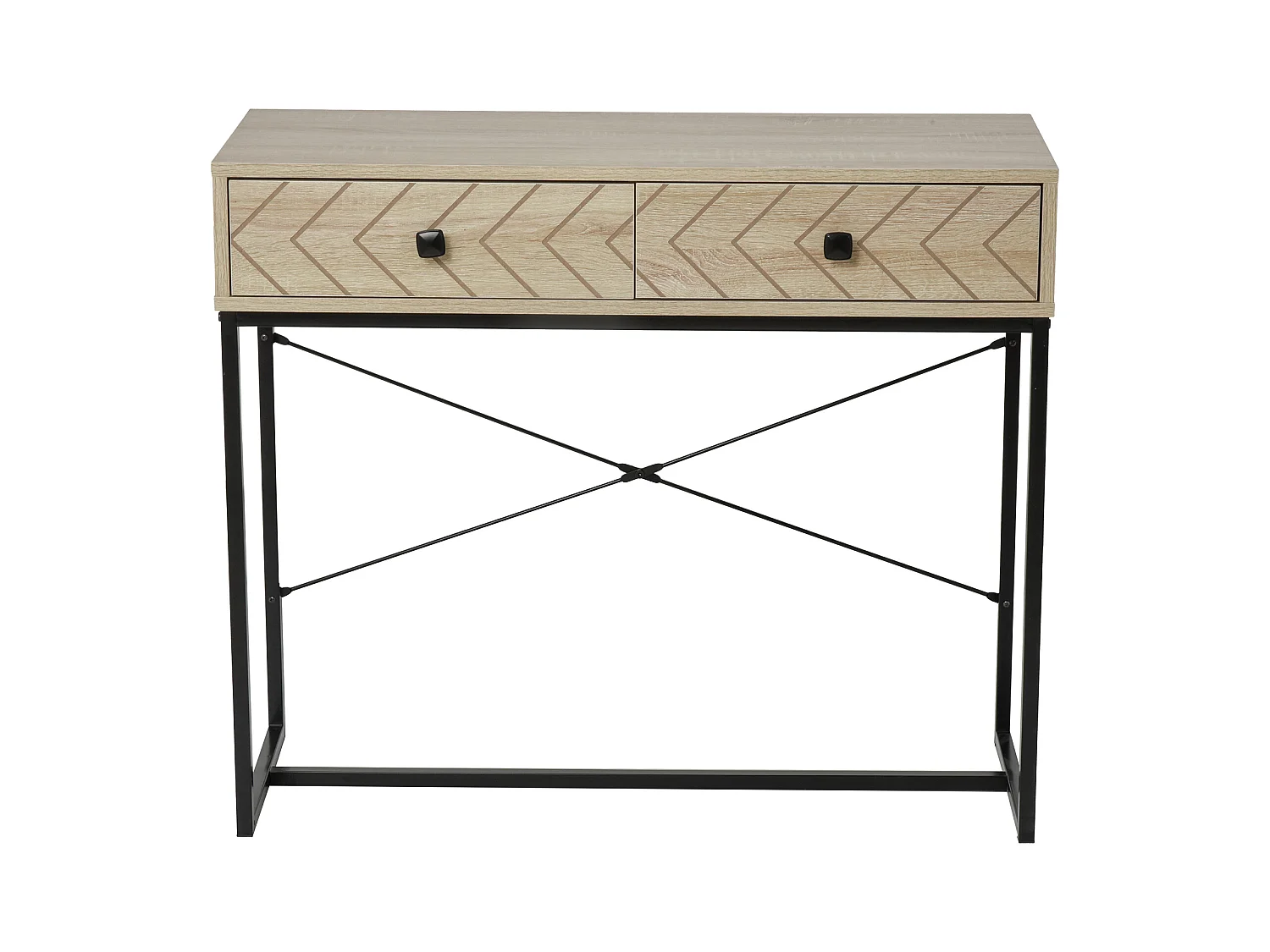 Table console industriel 2 tiroirs bois naturel pieds métal dim. 90 x 35 x 76 cm