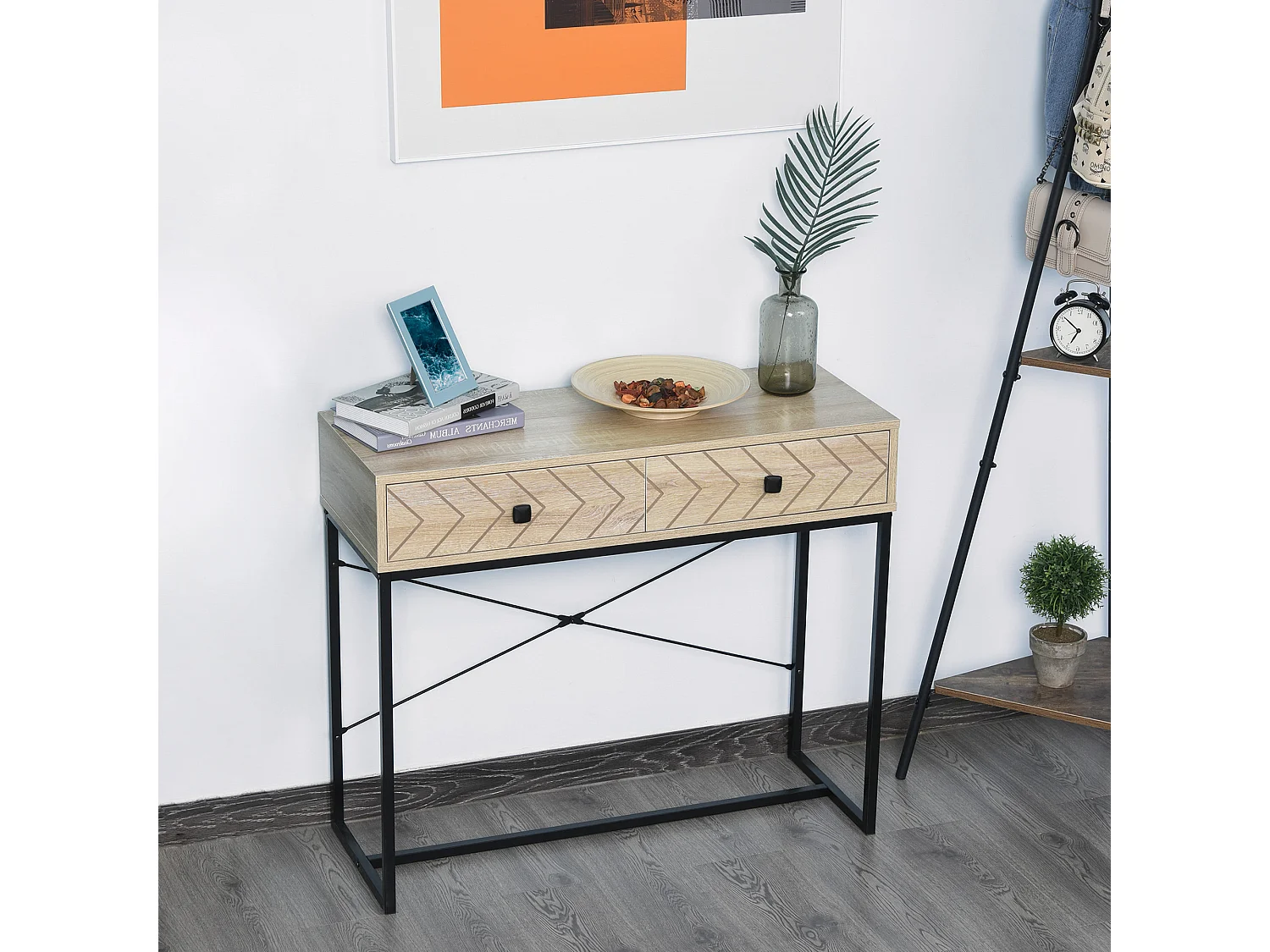 Table console industriel 2 tiroirs bois naturel pieds métal dim. 90 x 35 x 76 cm