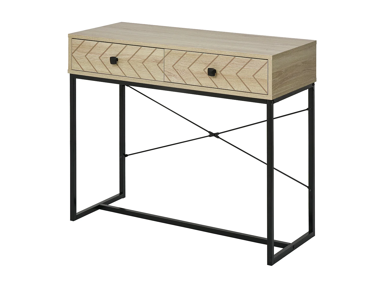 Table console industriel 2 tiroirs bois naturel pieds métal dim. 90 x 35 x 76 cm