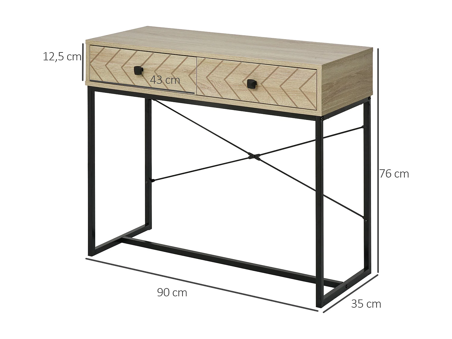 Table console industriel 2 tiroirs bois naturel pieds métal dim. 90 x 35 x 76 cm