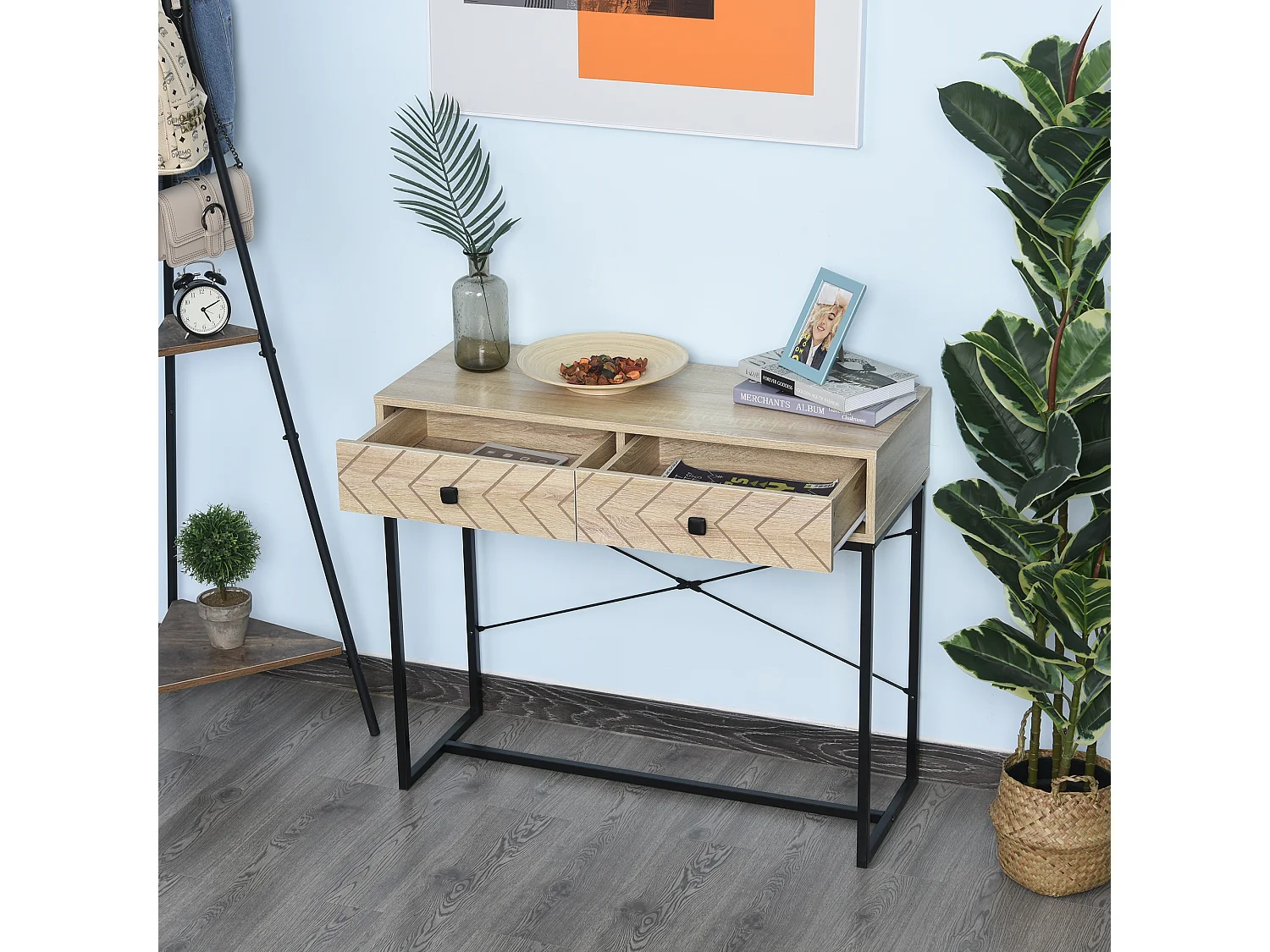 Table console industriel 2 tiroirs bois naturel pieds métal dim. 90 x 35 x 76 cm
