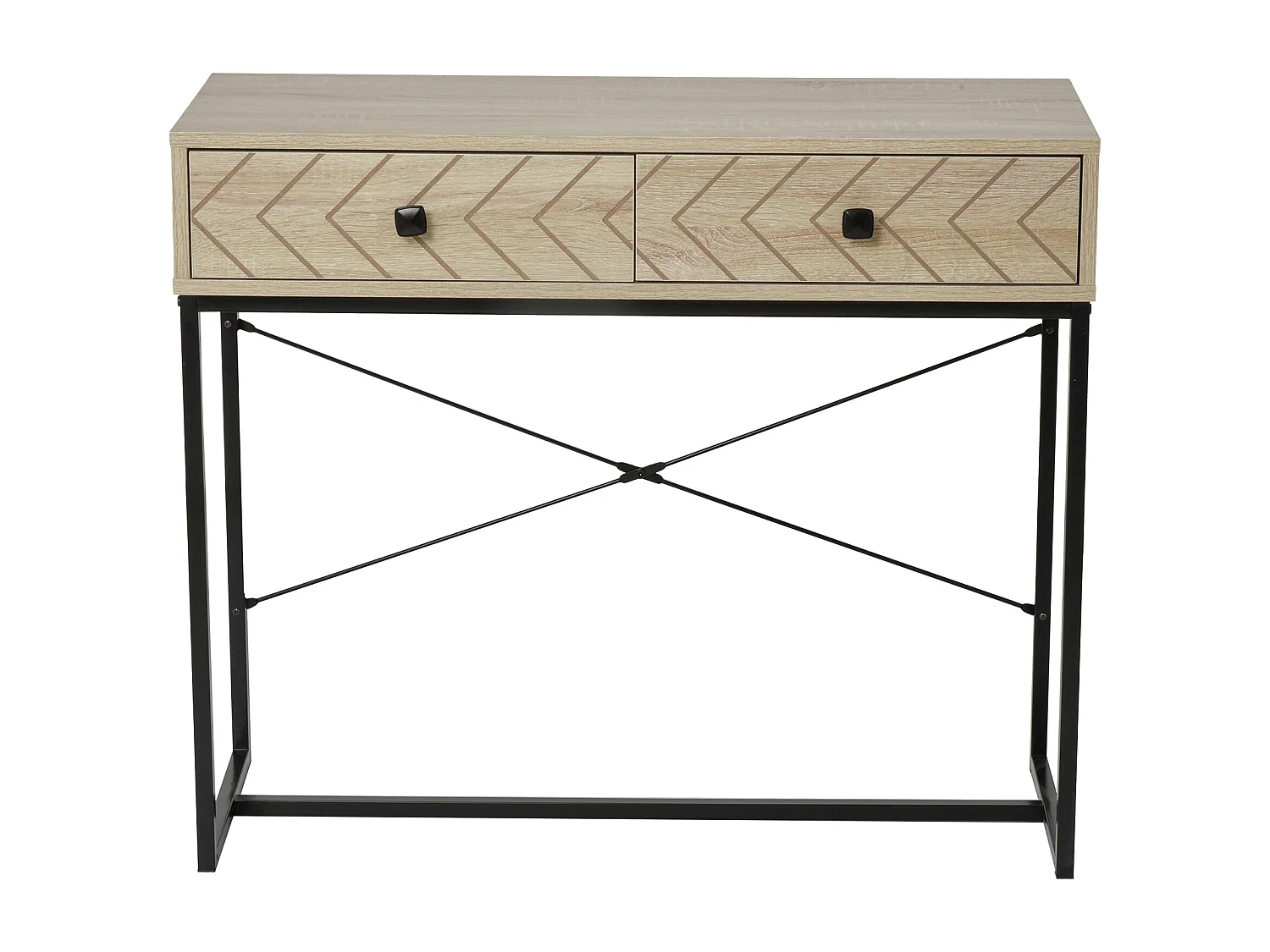 Table console industriel 2 tiroirs bois naturel pieds métal dim. 90 x 35 x 76 cm