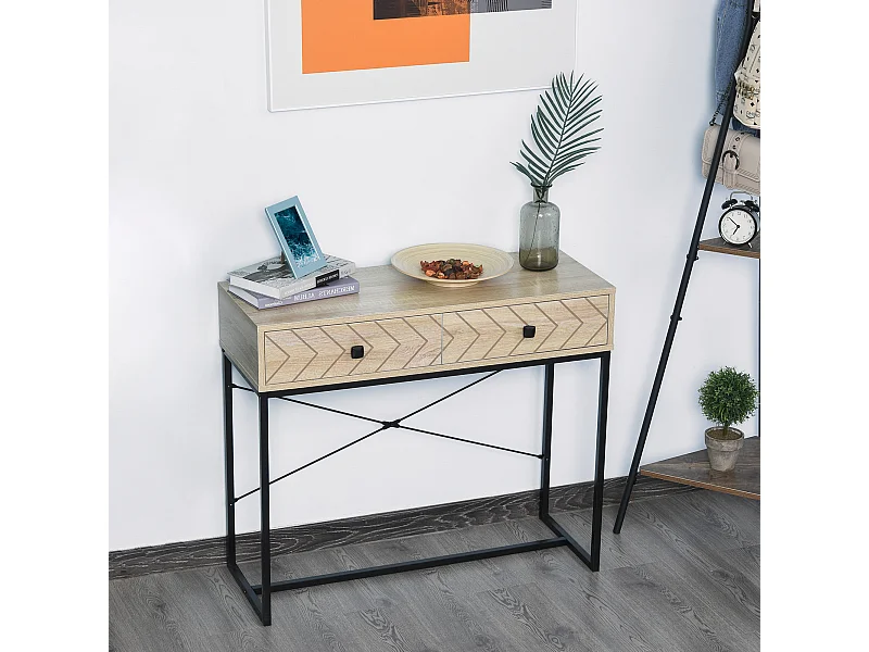 Table console industriel 2 tiroirs bois naturel pieds métal dim. 90 x 35 x 76 cm