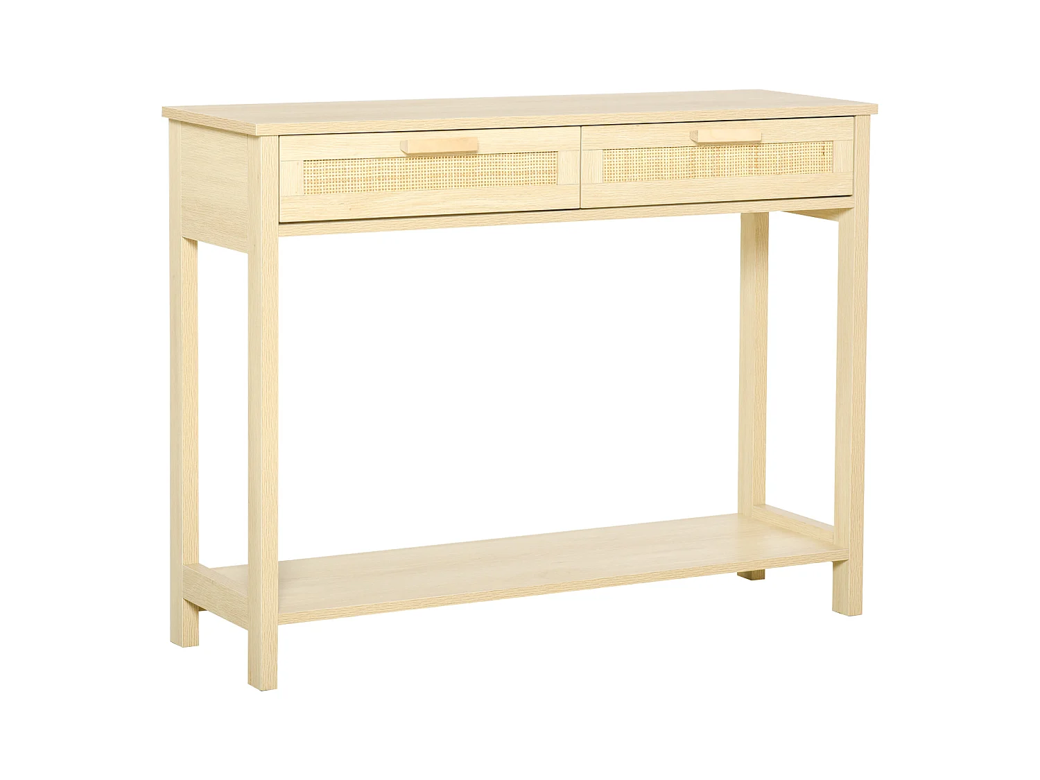 Console table d'appoint dim. 100L x 30l x 76H cm 2 tiroirs façades cannage en rotin étagère MDF aspect bois clair