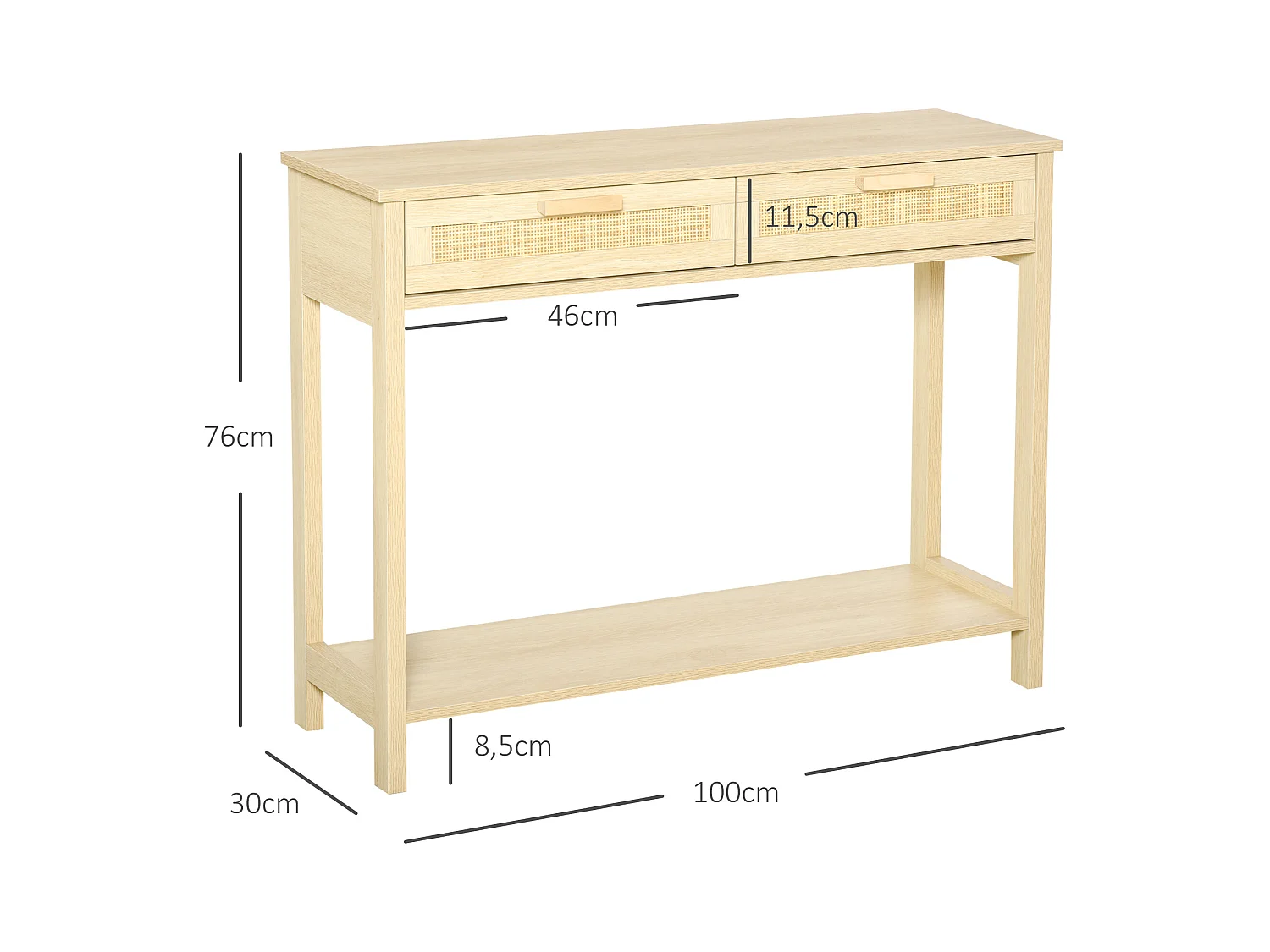 Console table d'appoint dim. 100L x 30l x 76H cm 2 tiroirs façades cannage en rotin étagère MDF aspect bois clair