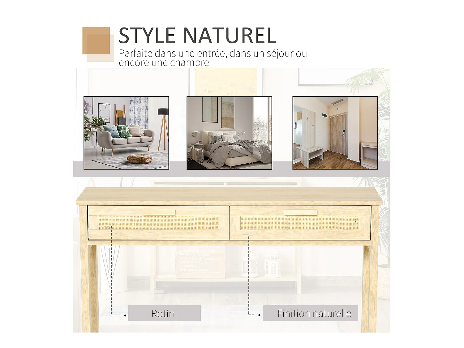 Console table d'appoint dim. 100L x 30l x 76H cm 2 tiroirs façades cannage en rotin étagère MDF aspect bois clair