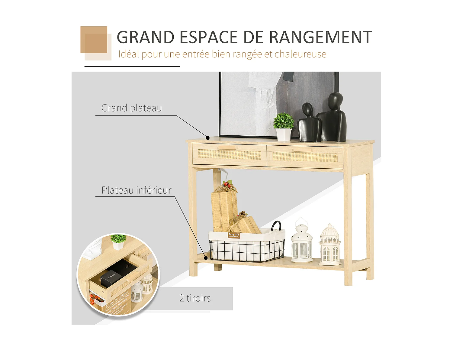 Console table d'appoint dim. 100L x 30l x 76H cm 2 tiroirs façades cannage en rotin étagère MDF aspect bois clair