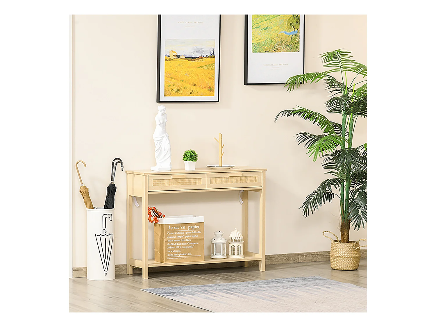 Console table d'appoint dim. 100L x 30l x 76H cm 2 tiroirs façades cannage en rotin étagère MDF aspect bois clair