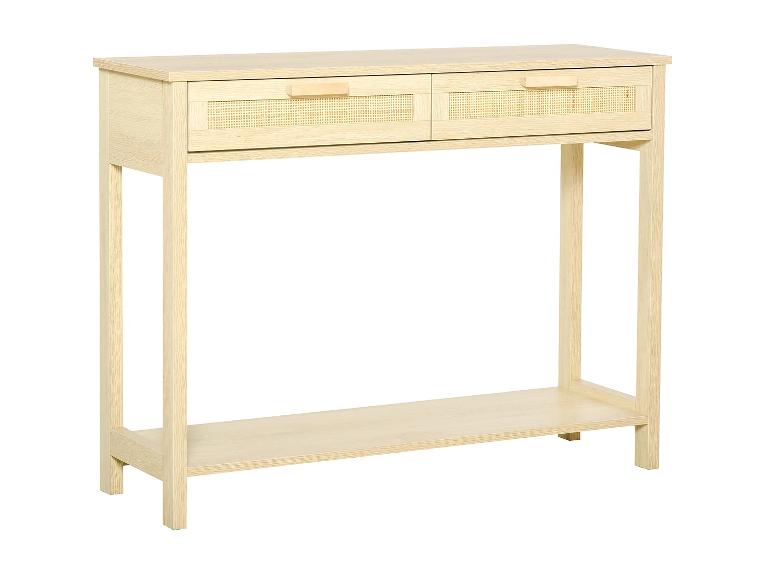 Console table d'appoint dim. 100L x 30l x 76H cm 2 tiroirs façades cannage en rotin étagère MDF aspect bois clair