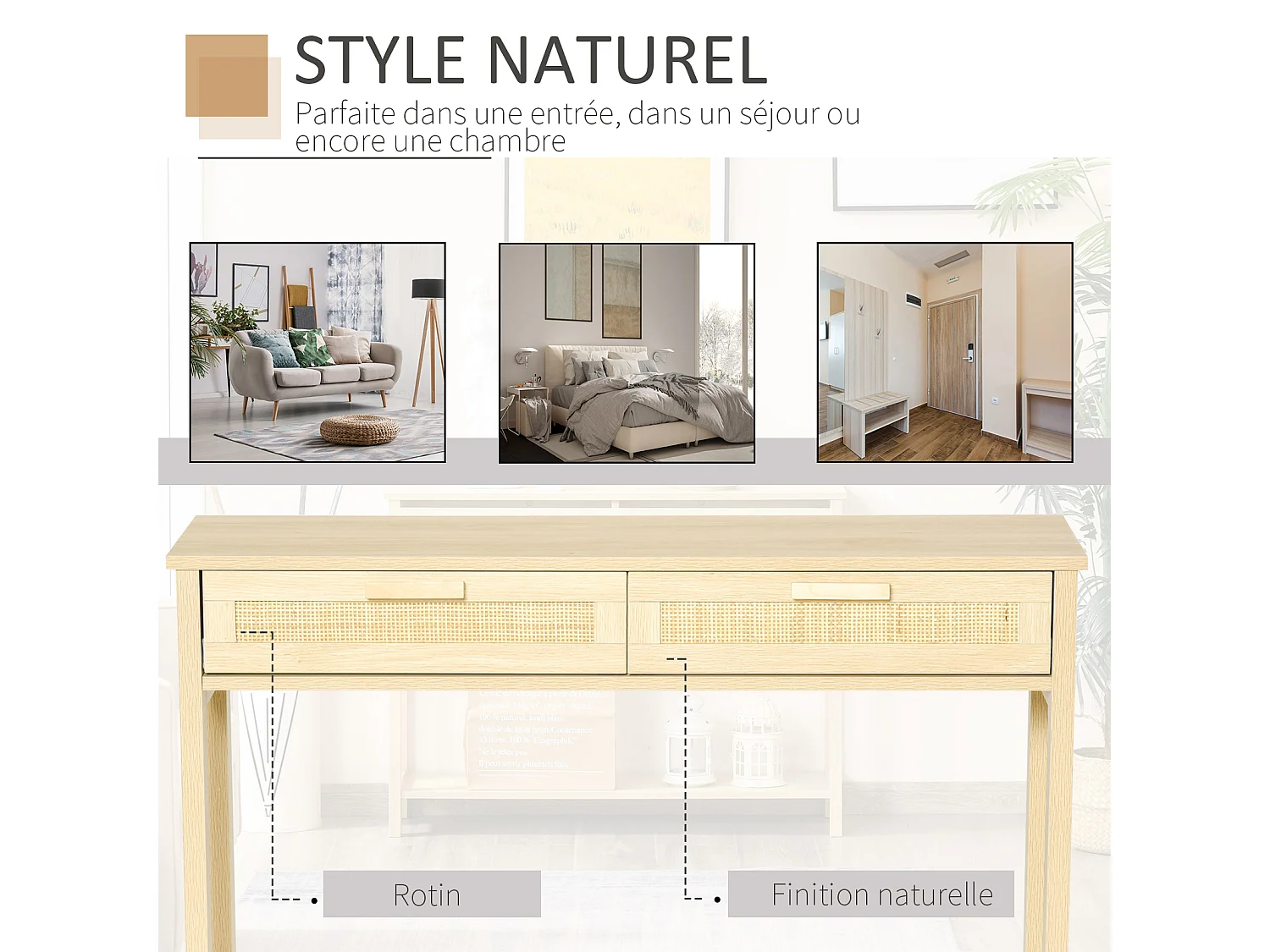 Console table d'appoint dim. 100L x 30l x 76H cm 2 tiroirs façades cannage en rotin étagère MDF aspect bois clair