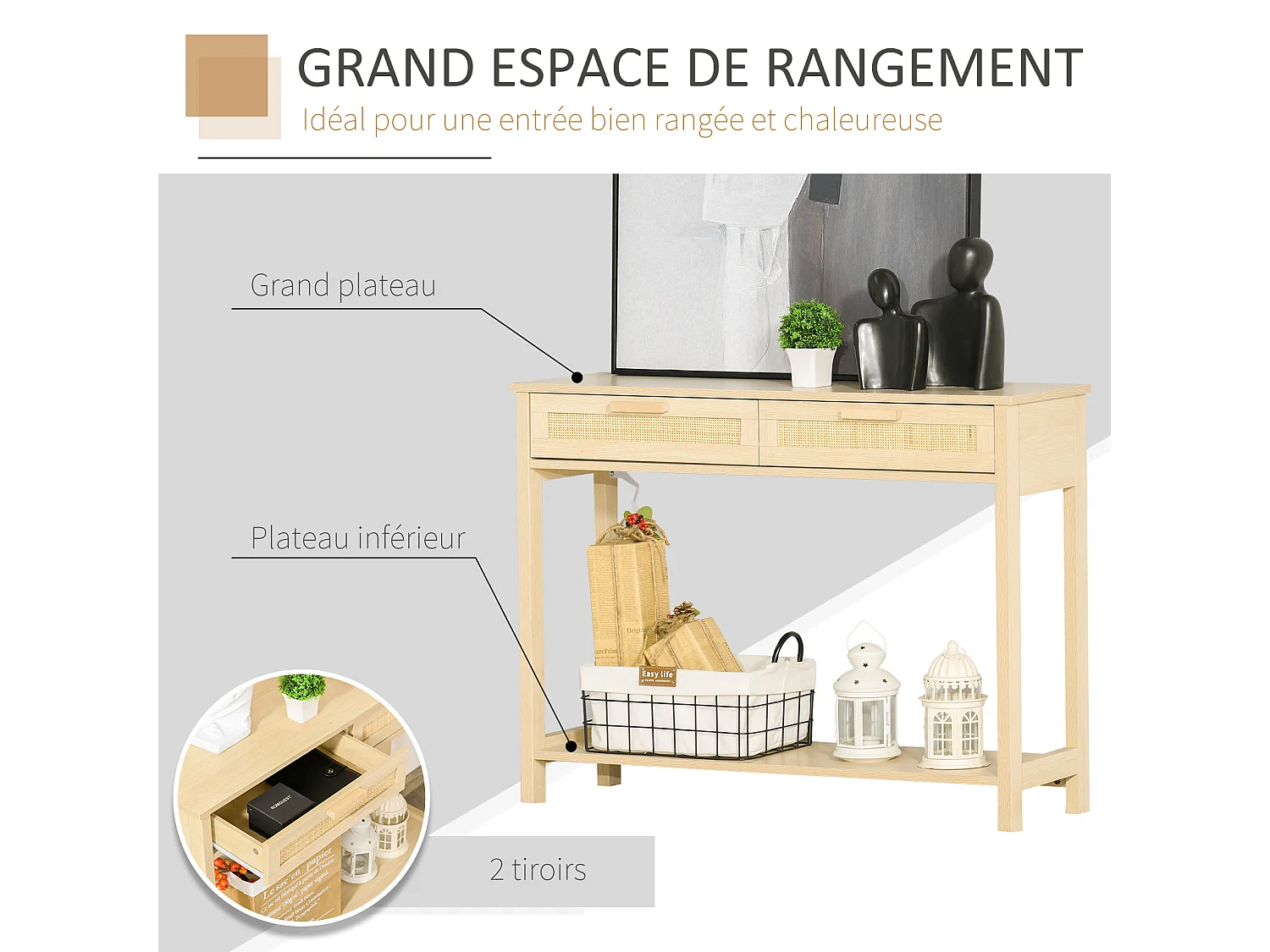 Console table d'appoint dim. 100L x 30l x 76H cm 2 tiroirs façades cannage en rotin étagère MDF aspect bois clair