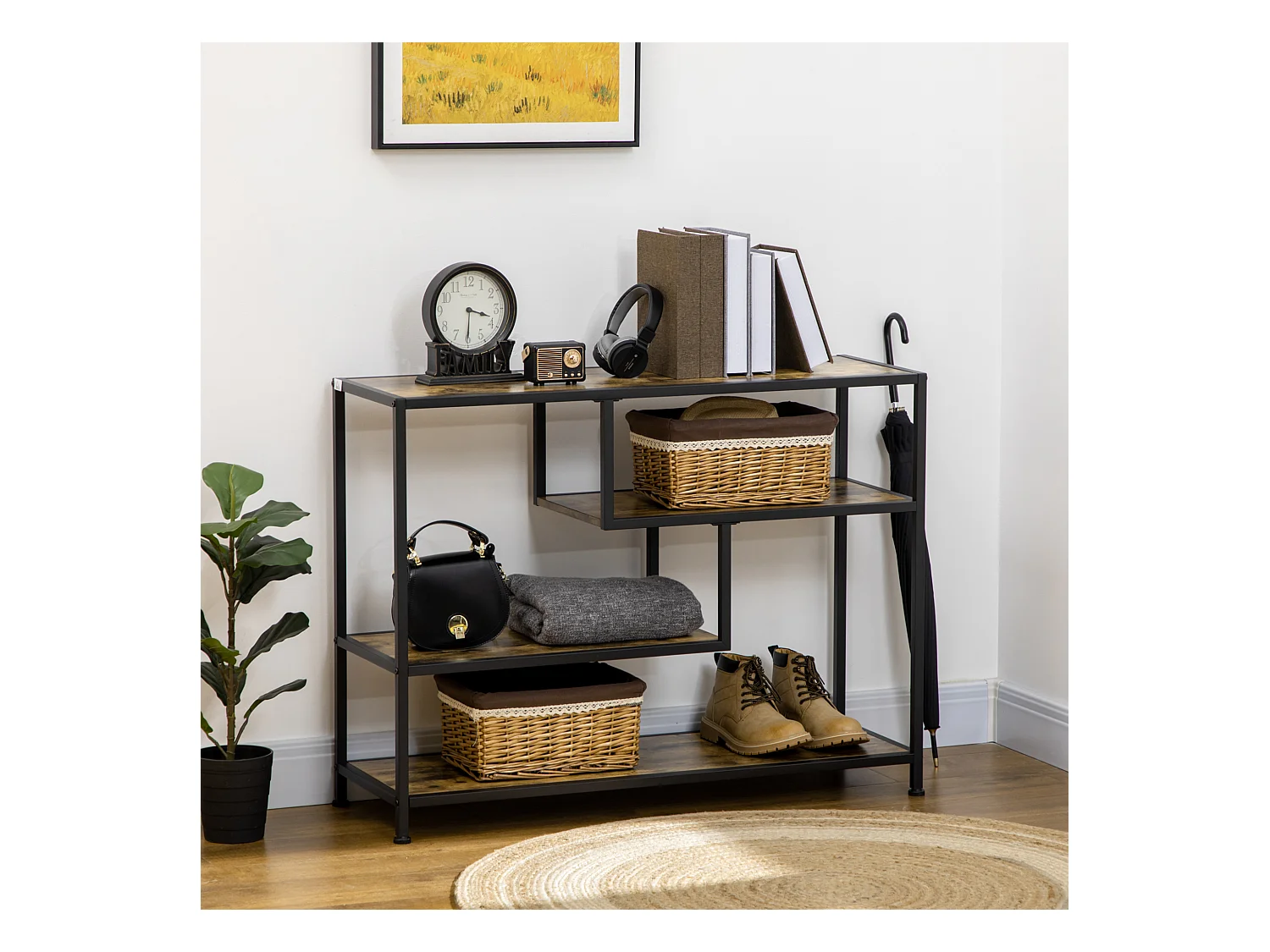 Console design industriel 4 étagères acier noir panneaux aspect bois vieilli