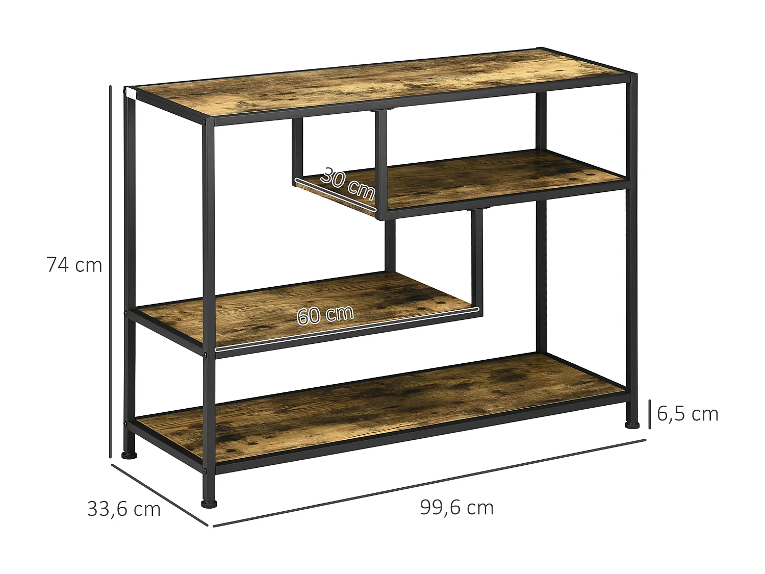 Console design industriel 4 étagères acier noir panneaux aspect bois vieilli