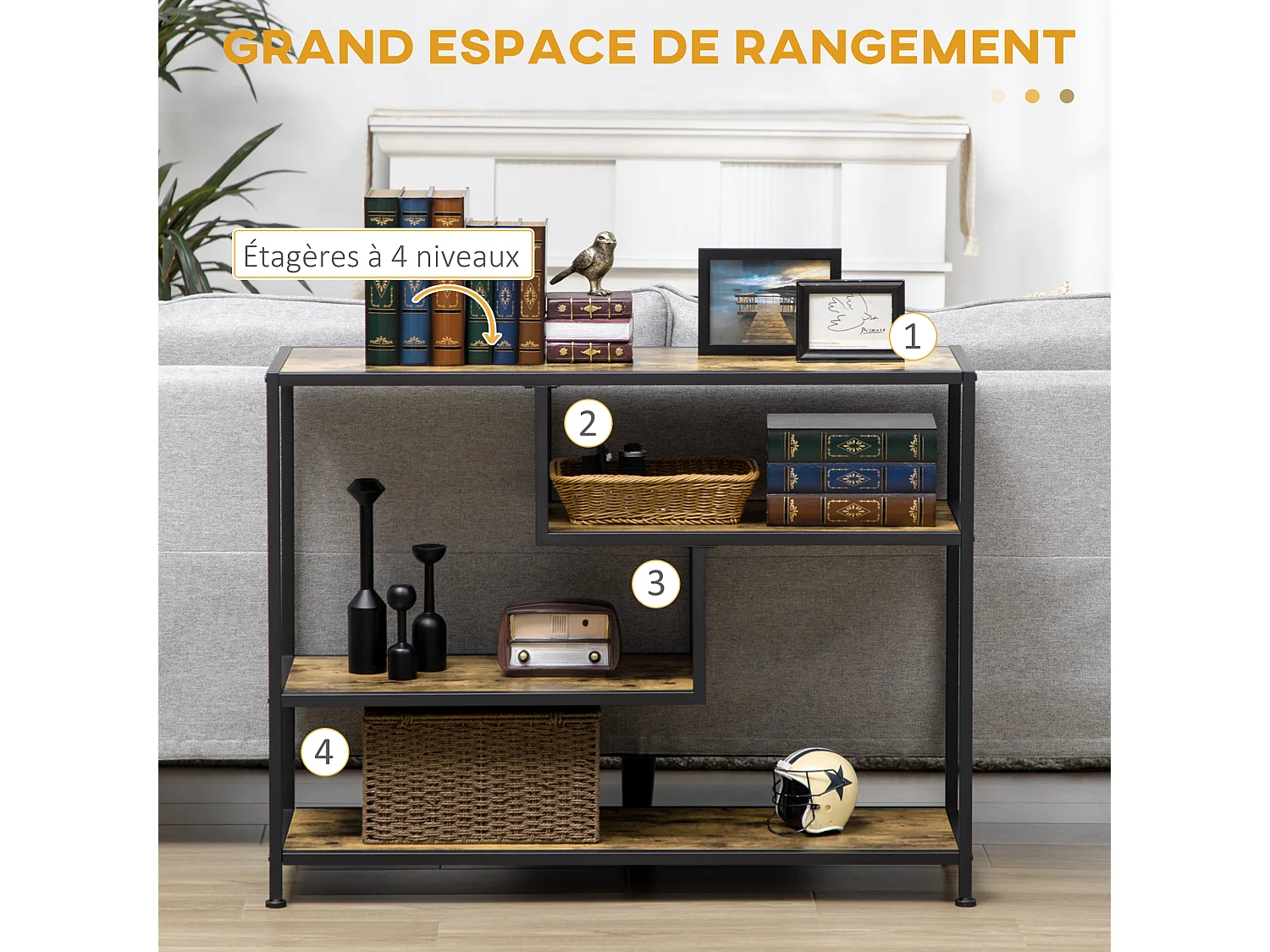 Console design industriel 4 étagères acier noir panneaux aspect bois vieilli