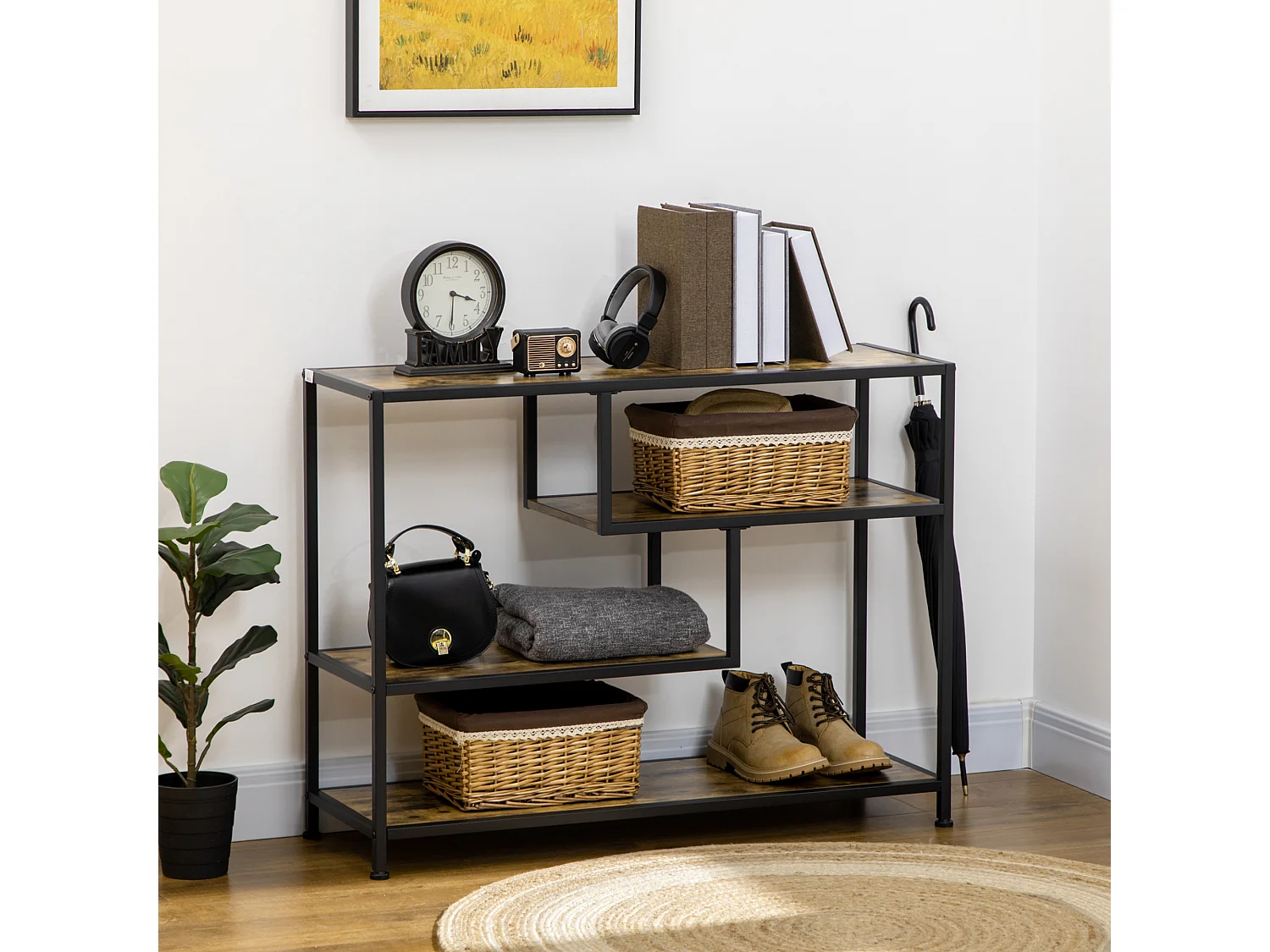 Console design industriel 4 étagères acier noir panneaux aspect bois vieilli