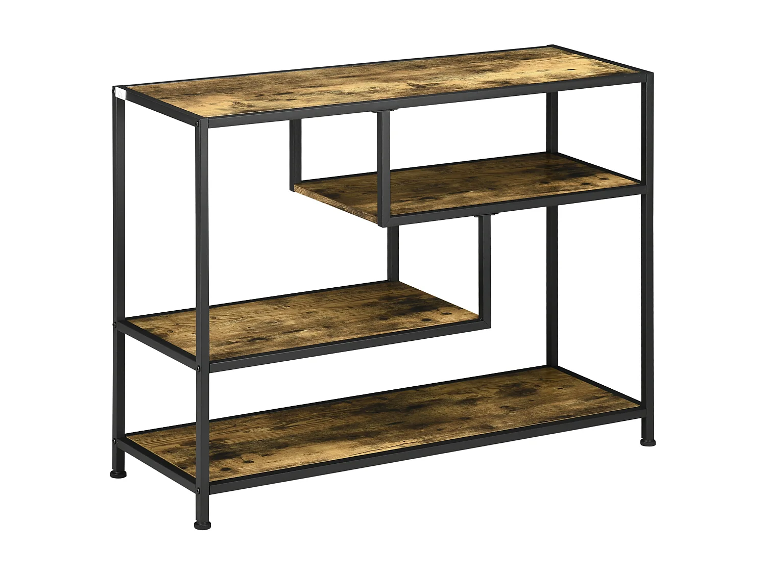 Console design industriel 4 étagères acier noir panneaux aspect bois vieilli