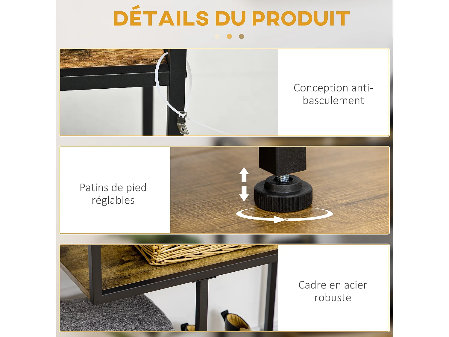 Console design industriel 4 étagères acier noir panneaux aspect bois vieilli