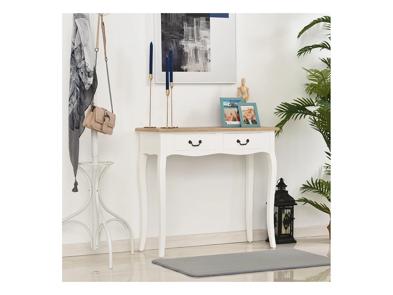 Console style table de drapier style shabby chic 2 tiroirs dim. 87L x 34l x 78H cm MDF bois massif pin clair blanc