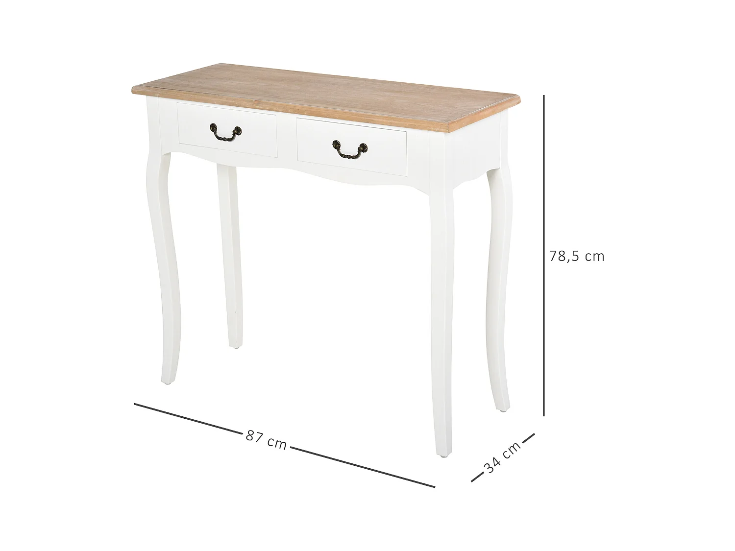 Console style table de drapier style shabby chic 2 tiroirs dim. 87L x 34l x 78H cm MDF bois massif pin clair blanc