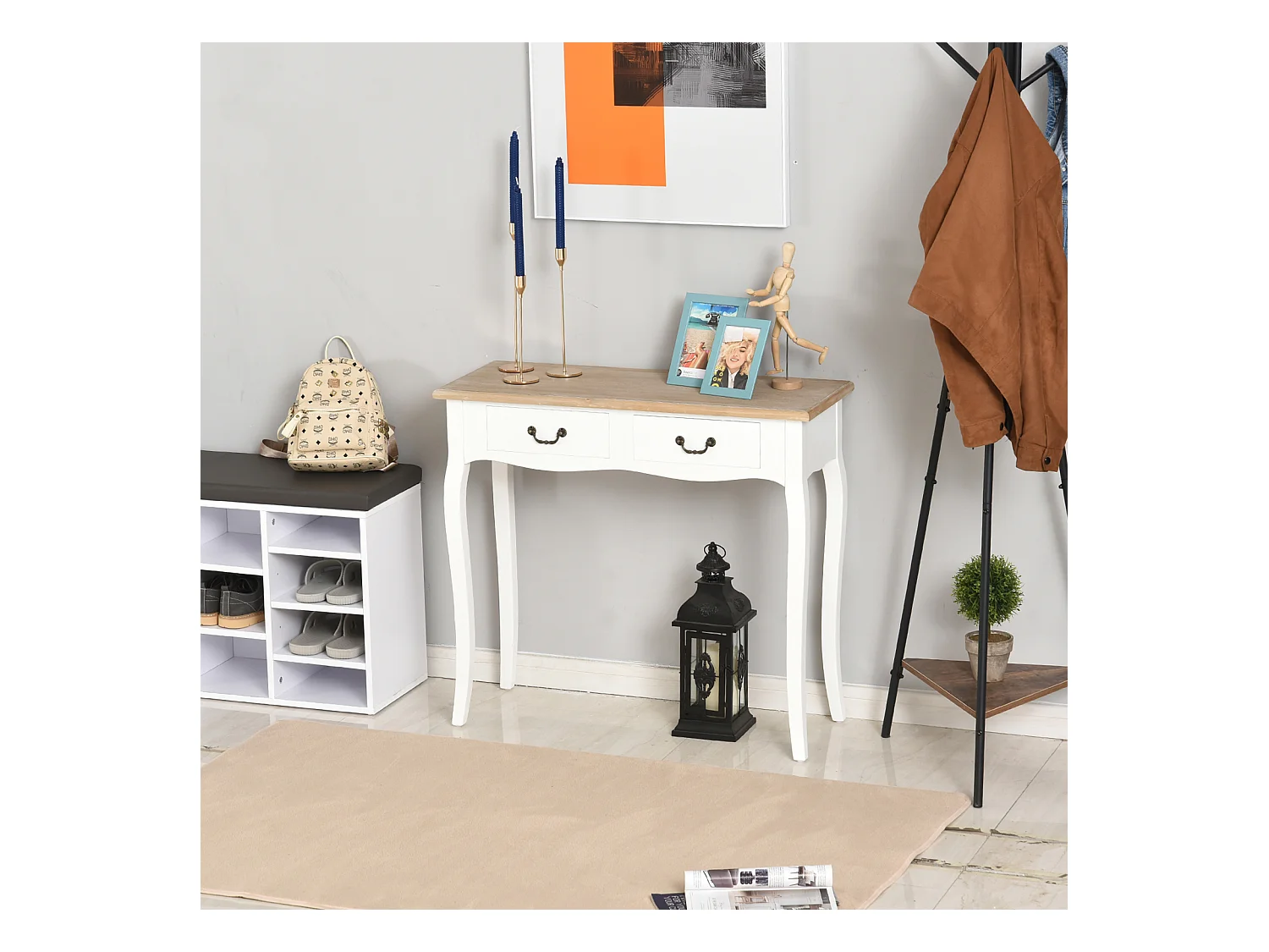 Console style table de drapier style shabby chic 2 tiroirs dim. 87L x 34l x 78H cm MDF bois massif pin clair blanc