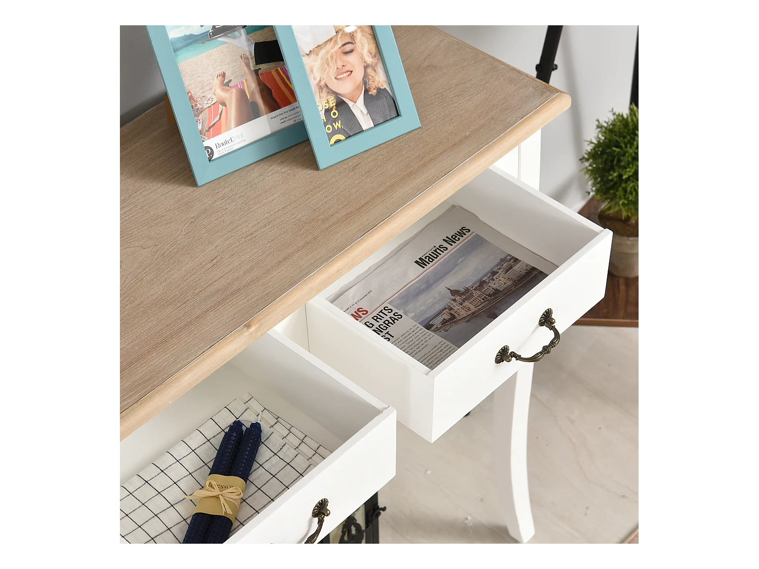 Console style table de drapier style shabby chic 2 tiroirs dim. 87L x 34l x 78H cm MDF bois massif pin clair blanc