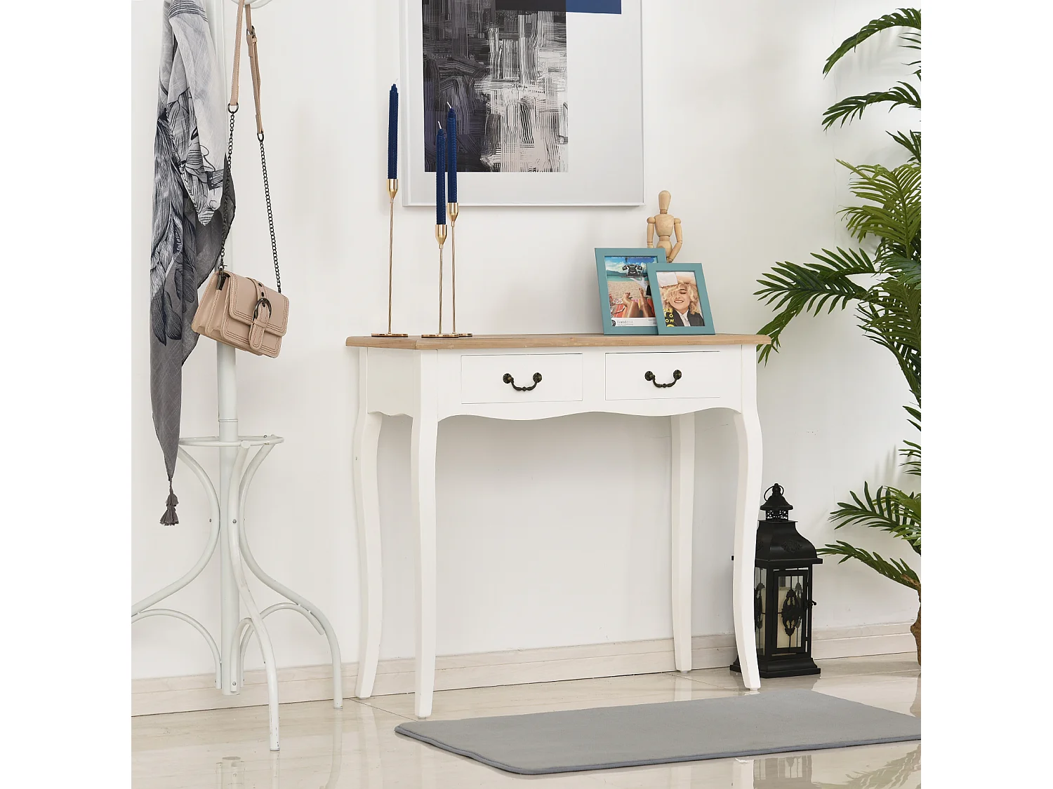Console style table de drapier style shabby chic 2 tiroirs dim. 87L x 34l x 78H cm MDF bois massif pin clair blanc